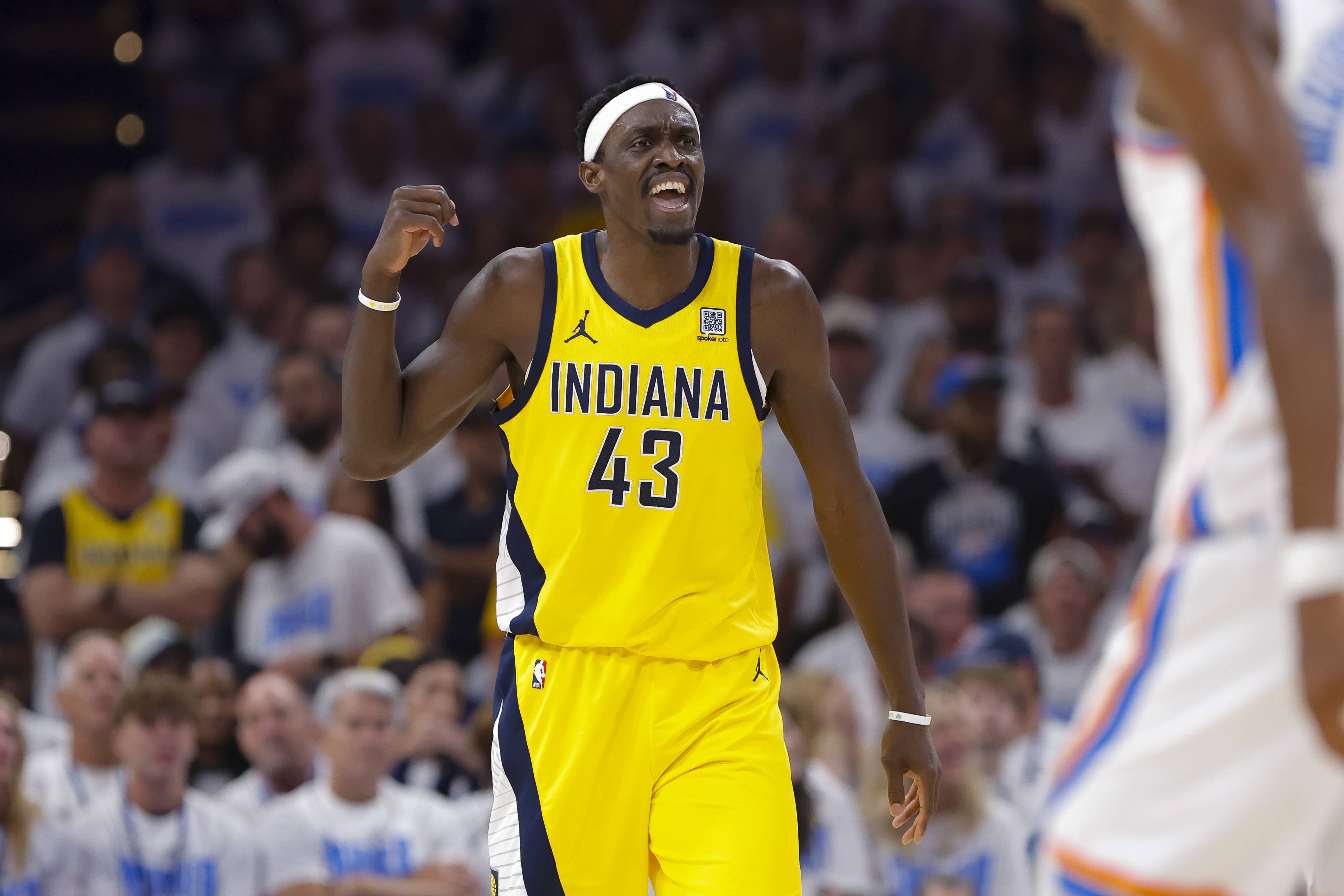 Oklahoma City, Oklahoma, USA; Indiana Pacers forward Pascal Siakam (43) celebrates during the first quarter against the Oklahoma City Thunder during game one of the 2025 NBA Finals at Paycom Center. Mandatory Credit: Alonzo Adams-Imagn Images