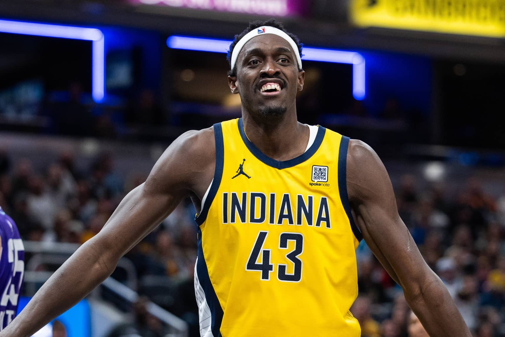 Indianapolis, Indiana, USA; Indiana Pacers forward Pascal Siakam (43) reacts to a foul in the second half against the Utah Jazz at Gainbridge Fieldhouse. Mandatory Credit: Trevor Ruszkowski-Imagn Images