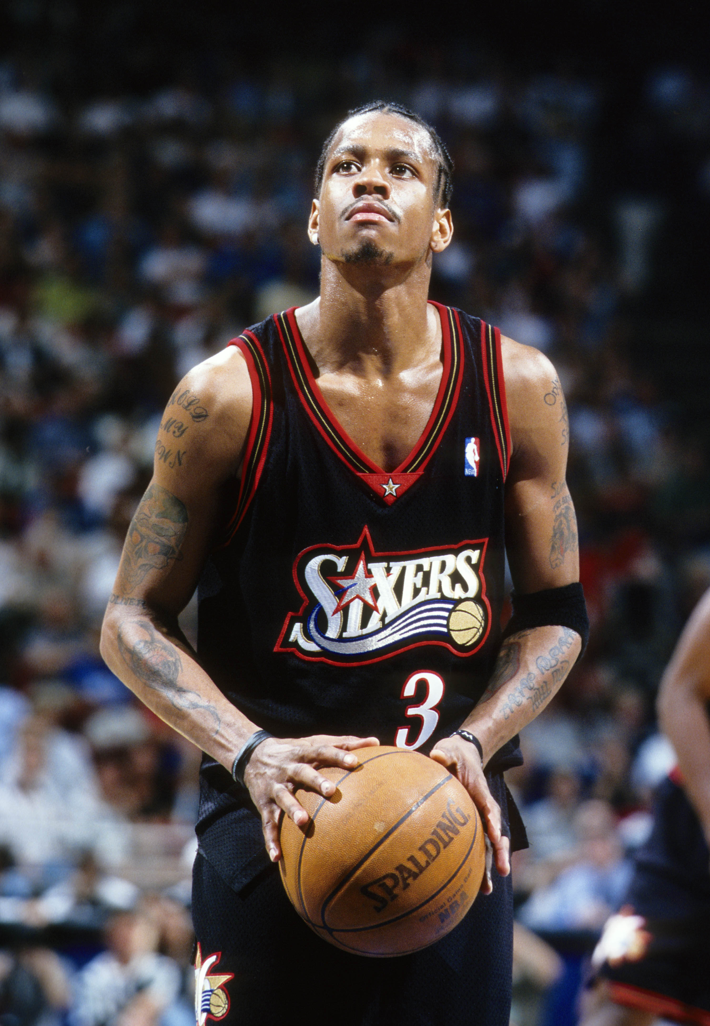 Unknown date & location, USA; FILE PHOTO; Philadelphia 76ers guard Allen Iverson (3) prepares to shoot a free throw. Mandatory Credit: Imagn Images  
