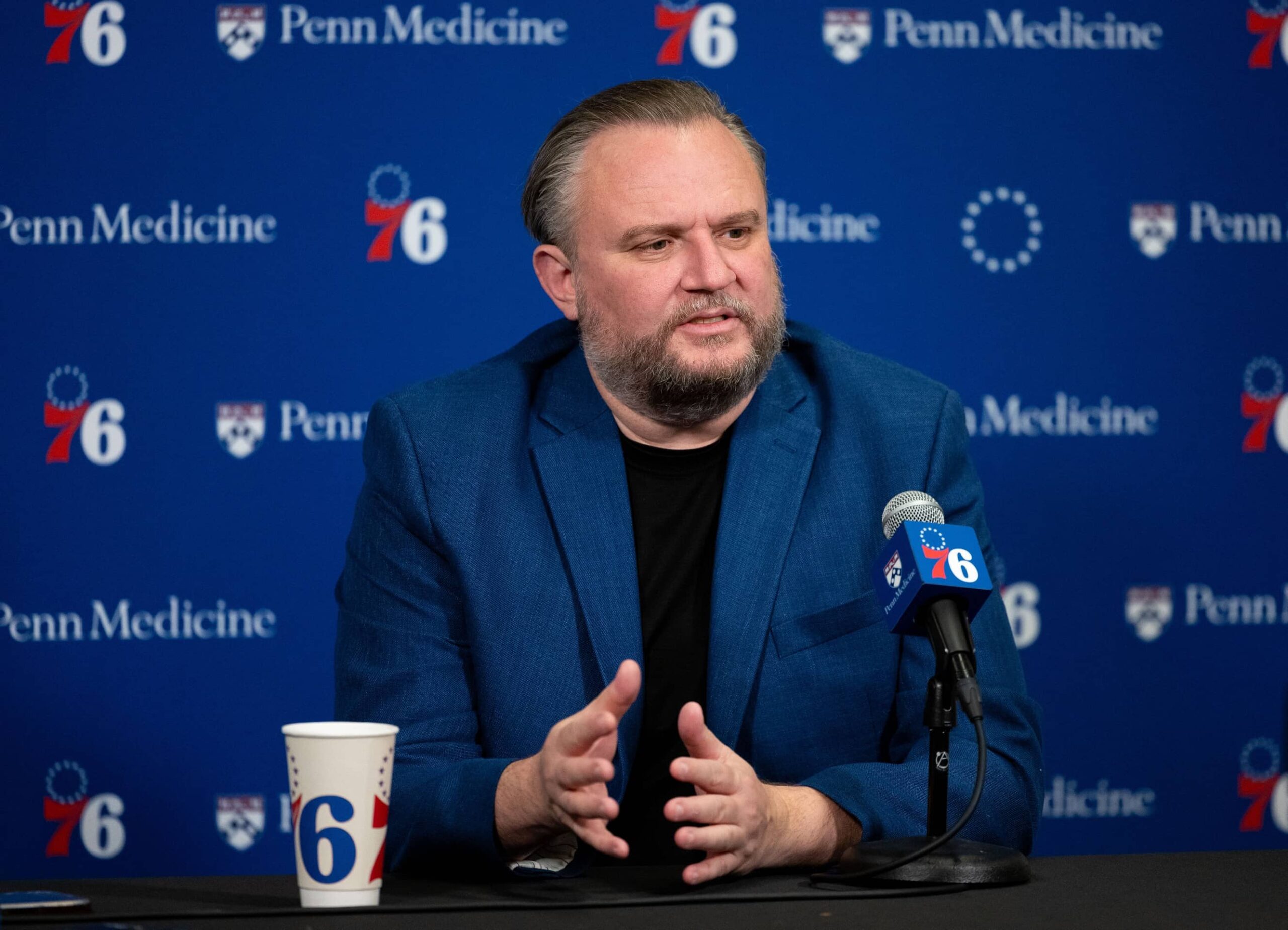 Dec 15, 2023; Philadelphia, Pennsylvania, USA; Philadelphia 76ers resident of Basketball Operations Daryl Morey speaks with the media before a game against the Detroit Pistons at Wells Fargo Center. Mandatory Credit: Bill Streicher-Imagn Images