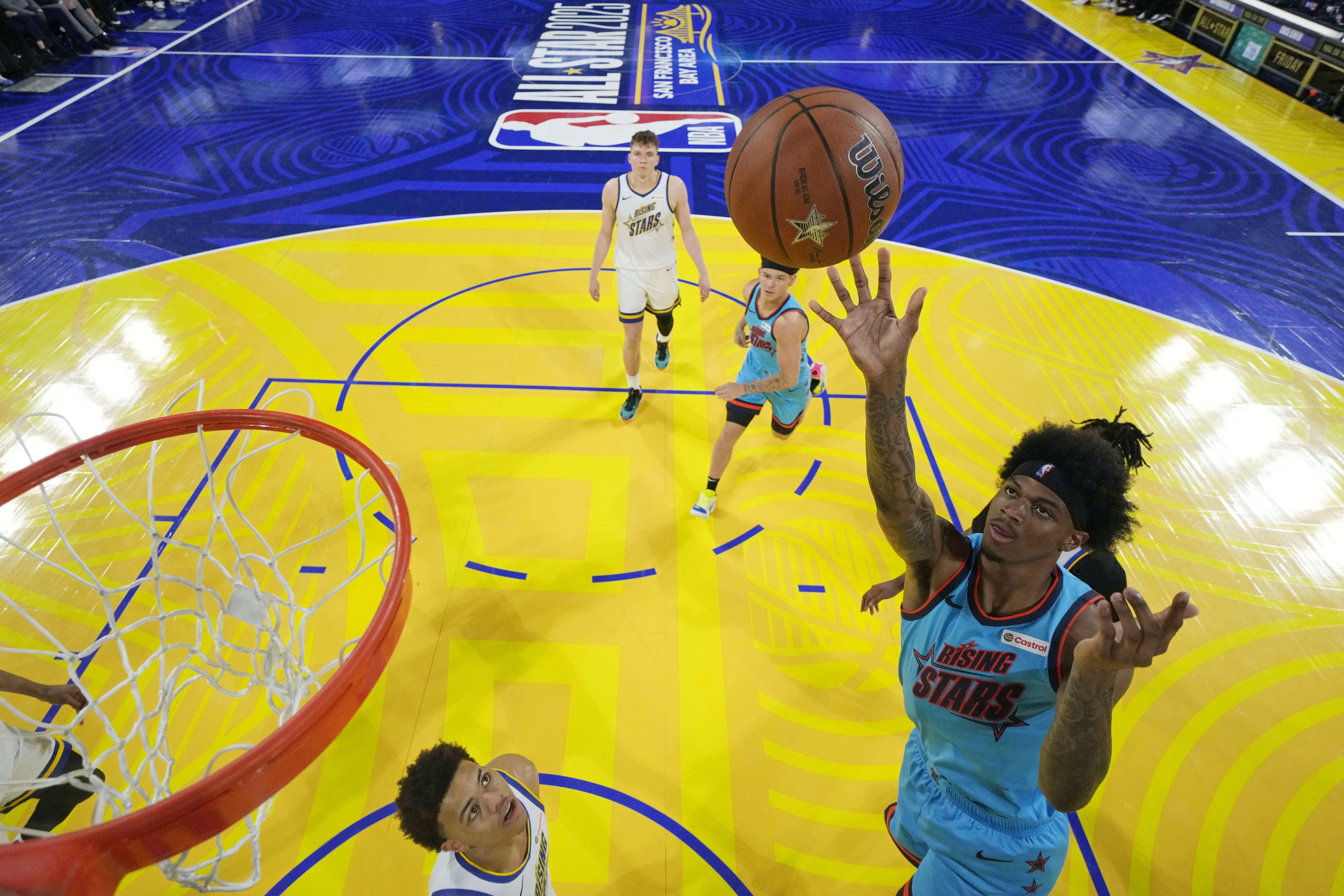 February 14, 2025; San Francisco, California, USA; Team G-League guard Dink Pate (1) of the Mexico City Capitanes shoots the ball against Team C during the 2025 NBA Rising Stars Game at Chase Center. Mandatory Credit: Kyle Terada-Imagn Images  