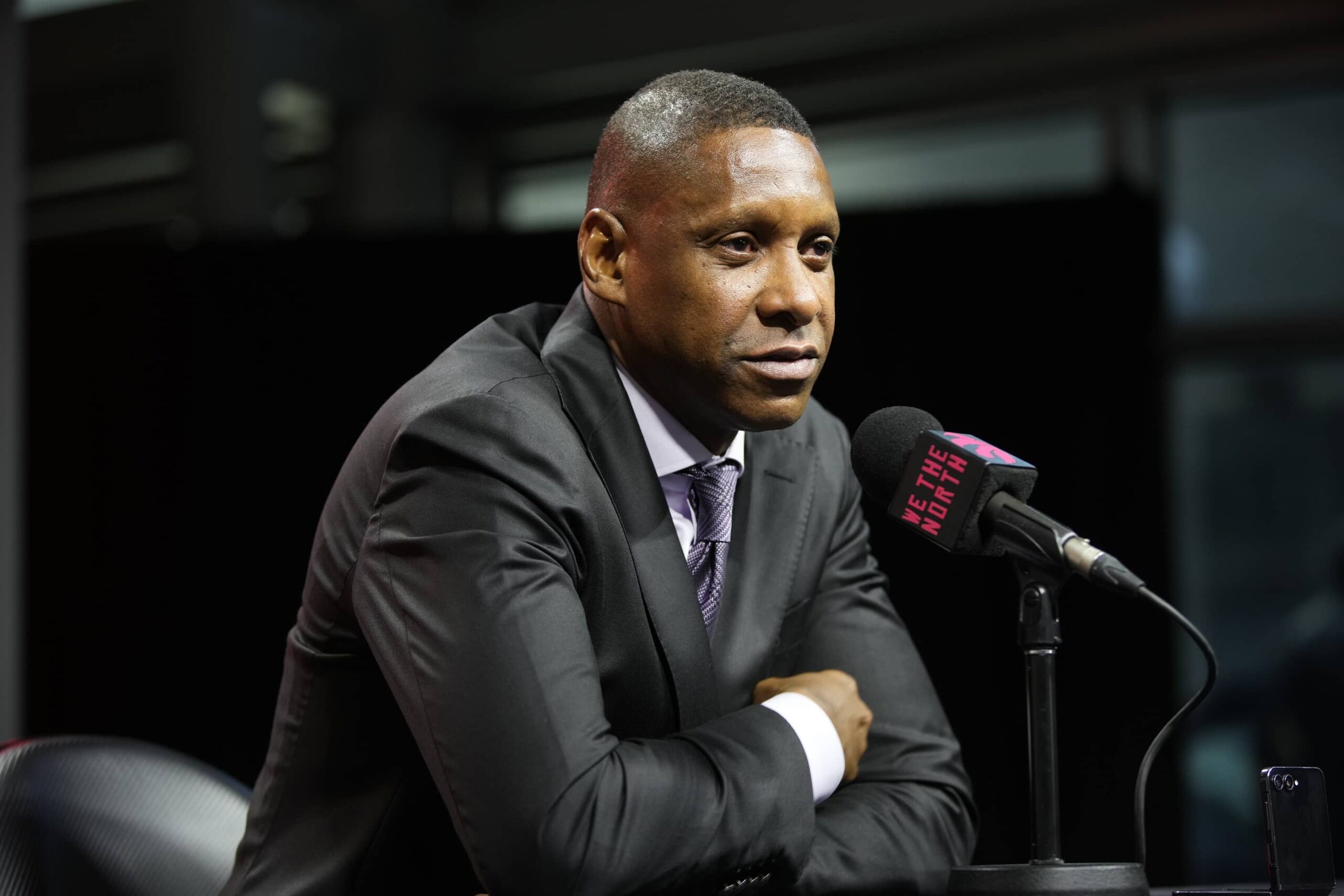 Toronto Raptors Vice-Chairman and Team President Masai Ujiri speaks to the media during media day at Scotiabank Area.