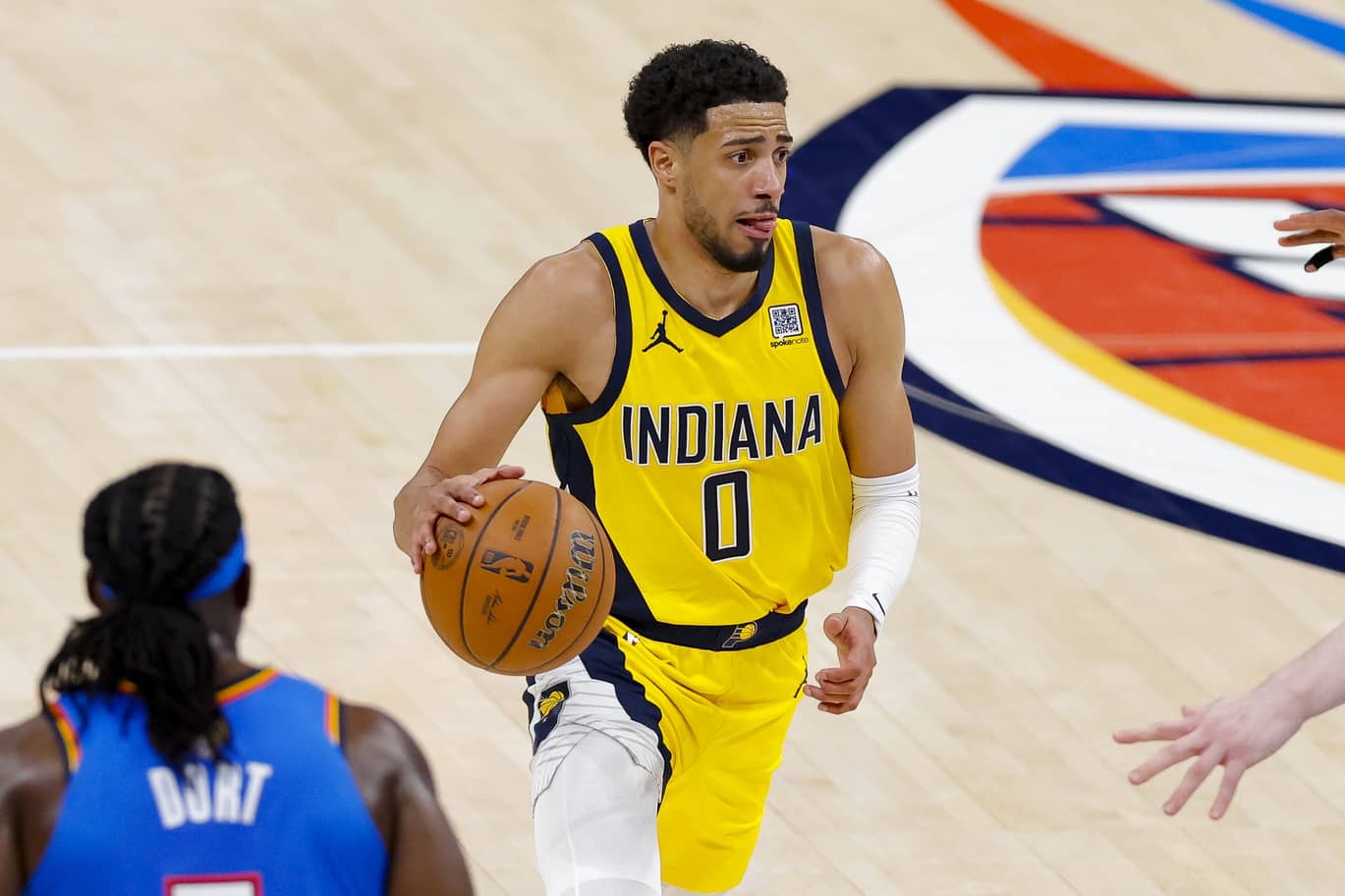 Jun 8, 2025; Oklahoma City, Oklahoma, USA; Indiana Pacers guard Tyrese Haliburton (0) brings the ball up court against the Oklahoma City Thunder during the third quarter of game two of the 2025 NBA Finals at Paycom Center.