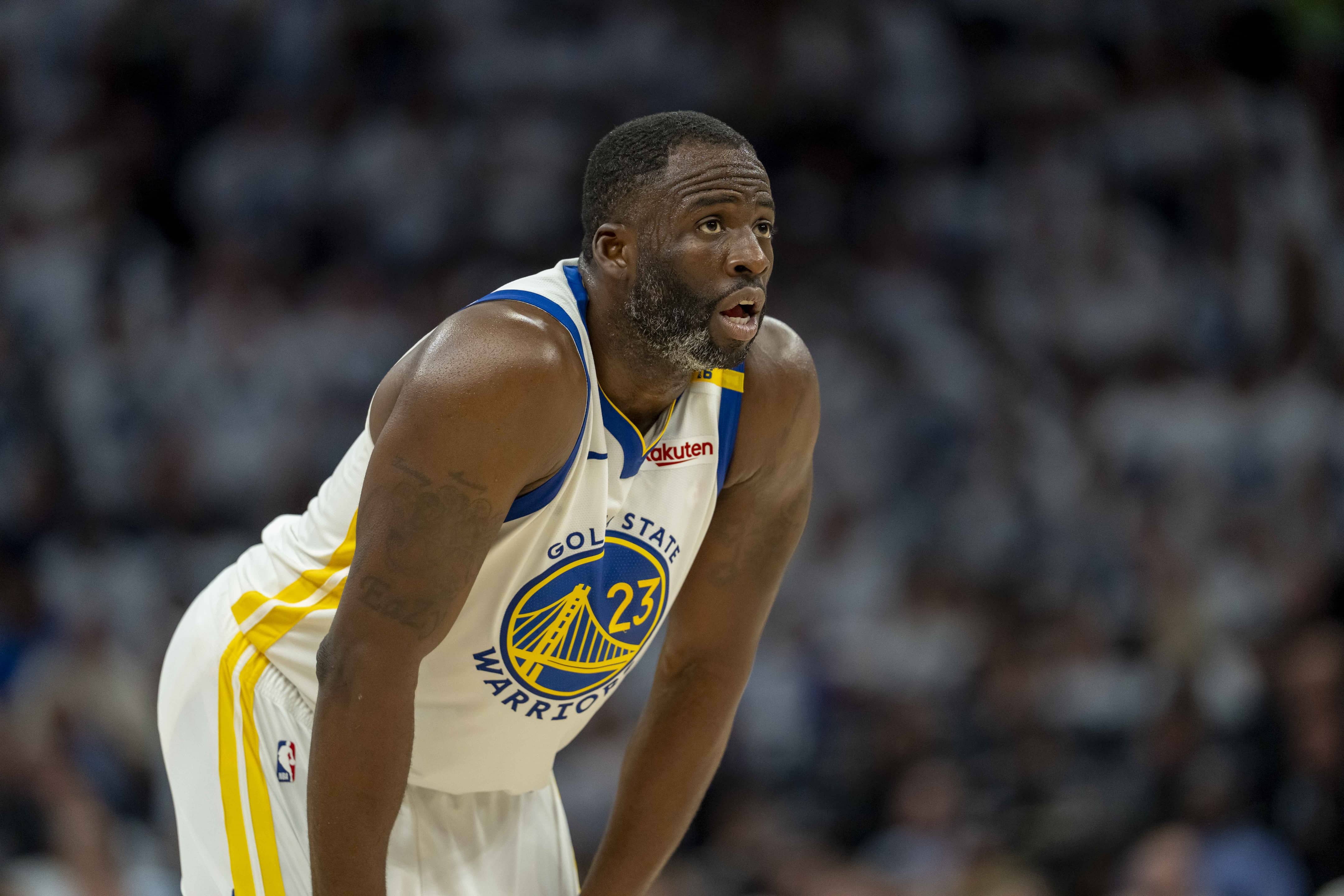 Golden State Warriors forward Draymond Green (23) looks on against the Minnesota Timberwolves in the second half during game two of the second round for the 2025 NBA Playoffs at Target Center.