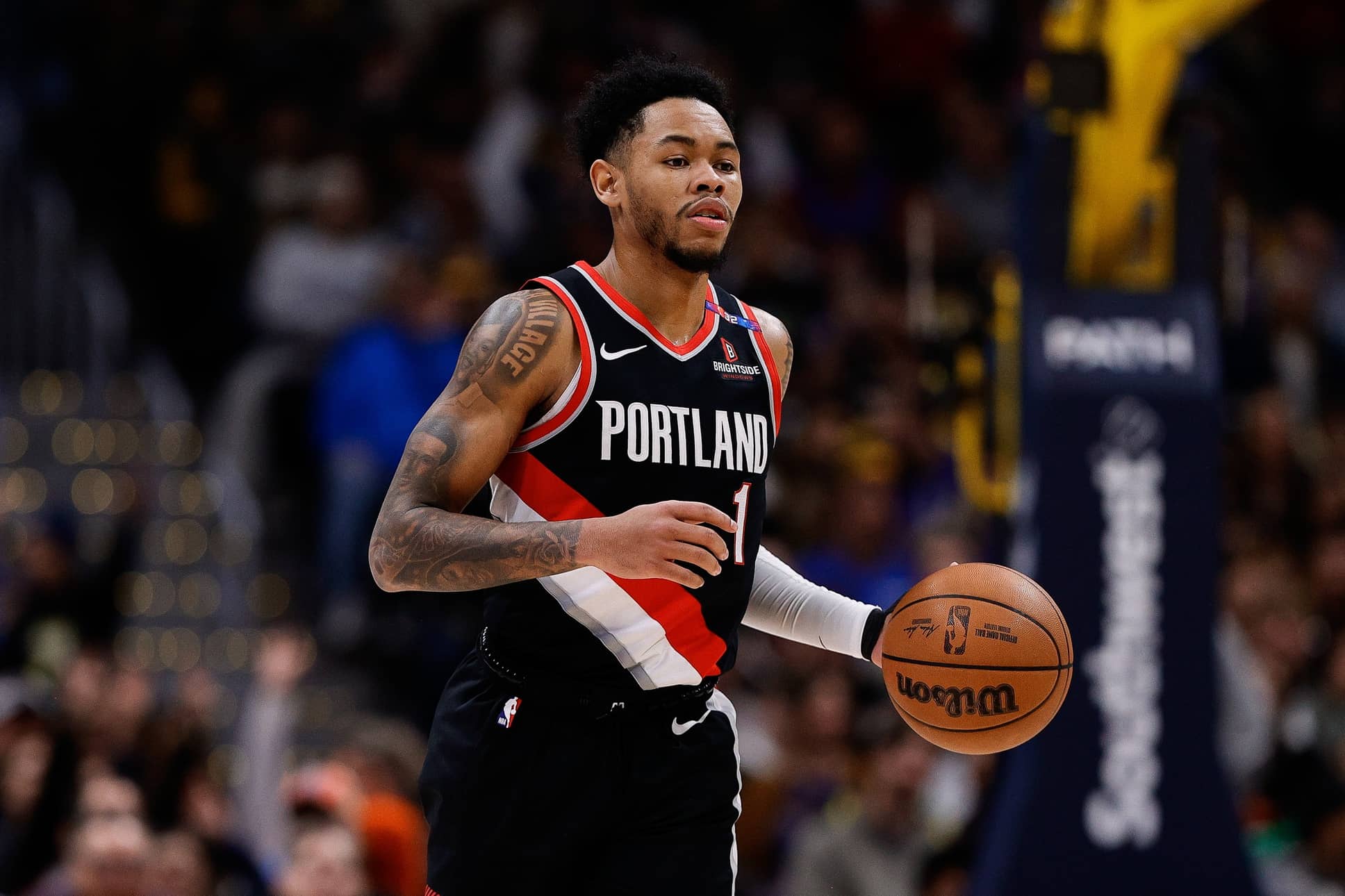 Feb 10, 2025; Denver, Colorado, USA; Portland Trail Blazers guard Anfernee Simons (1) dribbles the ball up court in the second quarter against the Denver Nuggets at Ball Arena. Mandatory Credit: Isaiah J. Downing-Imagn Images