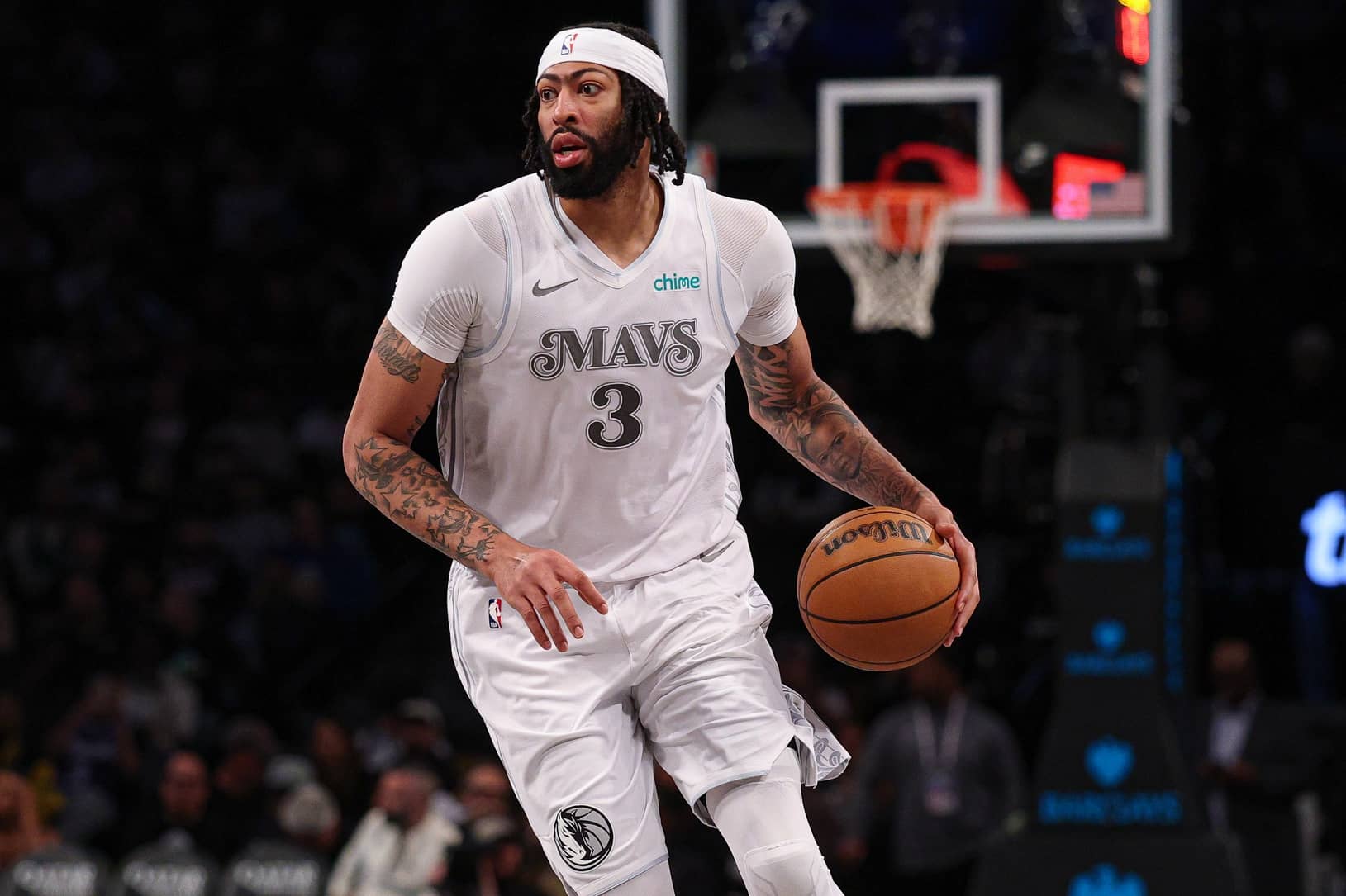 Mar 24, 2025; Brooklyn, New York, USA; Dallas Mavericks forward Anthony Davis (3) dribbles up court during the second half against the Brooklyn Nets at Barclays Center. Mandatory Credit: Vincent Carchietta-Imagn Images