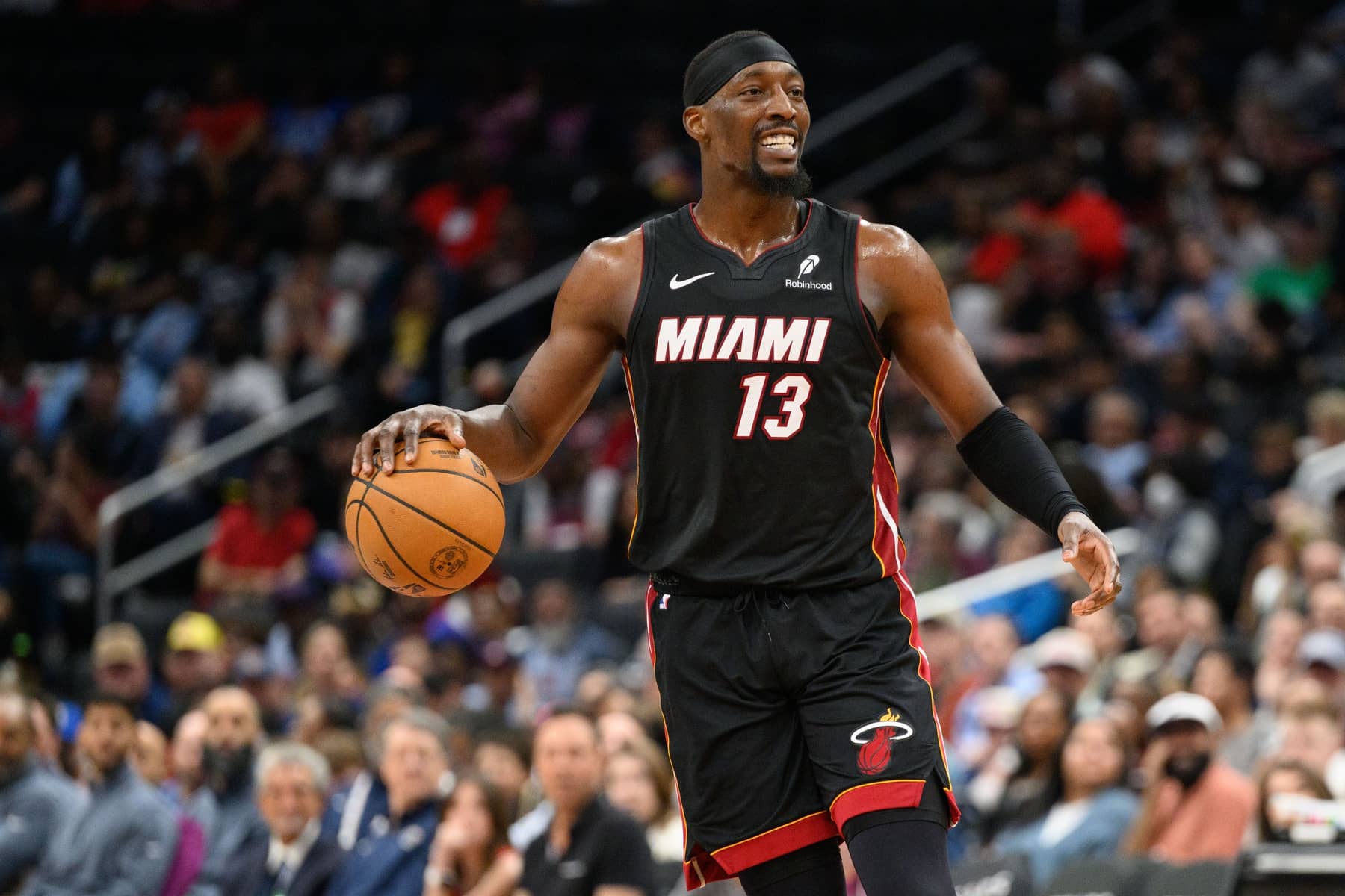 Mar 31, 2025; Washington, District of Columbia, USA; Miami Heat center Bam Adebayo (13) handles the ball during the second quarter against the Washington Wizards at Capital One Arena. Mandatory Credit: Reggie Hildred-Imagn Images