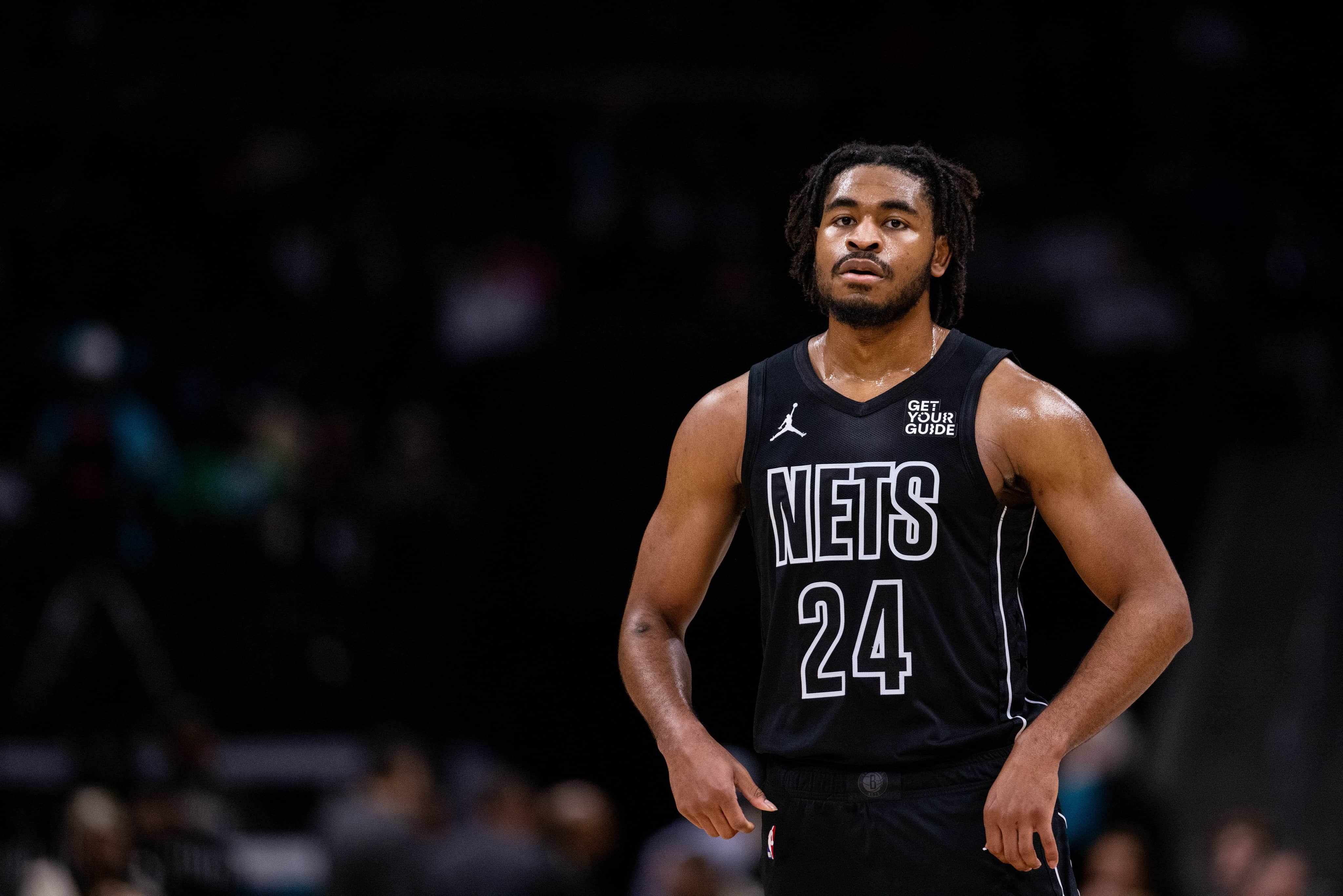 Brooklyn Nets guard Cam Thomas (24) looks on during a break against the Charlotte Hornets during the second quarter at Spectrum Center.