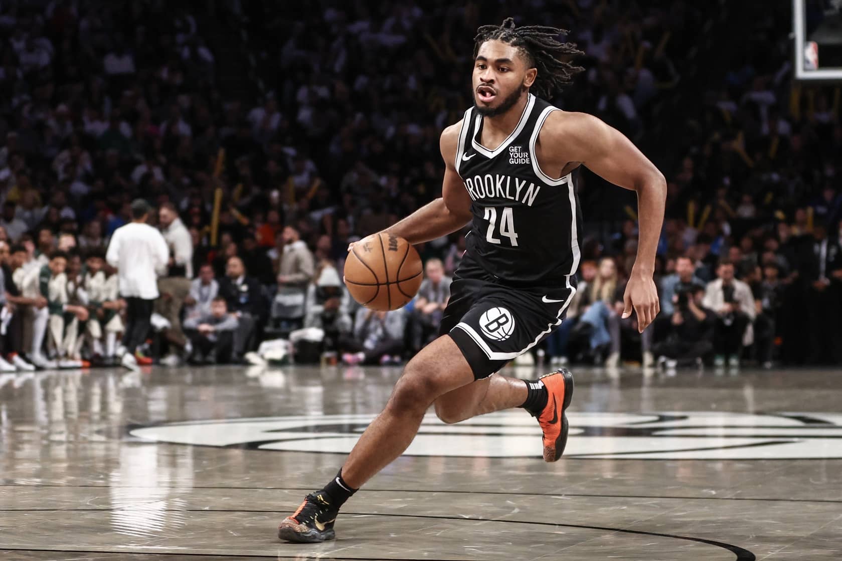 Oct 27, 2024; Brooklyn, New York, USA; Brooklyn Nets guard Cam Thomas (24) drives to the basket in the third quarter against the Milwaukee Bucks at Barclays Center. Mandatory Credit: Wendell Cruz-Imagn Images