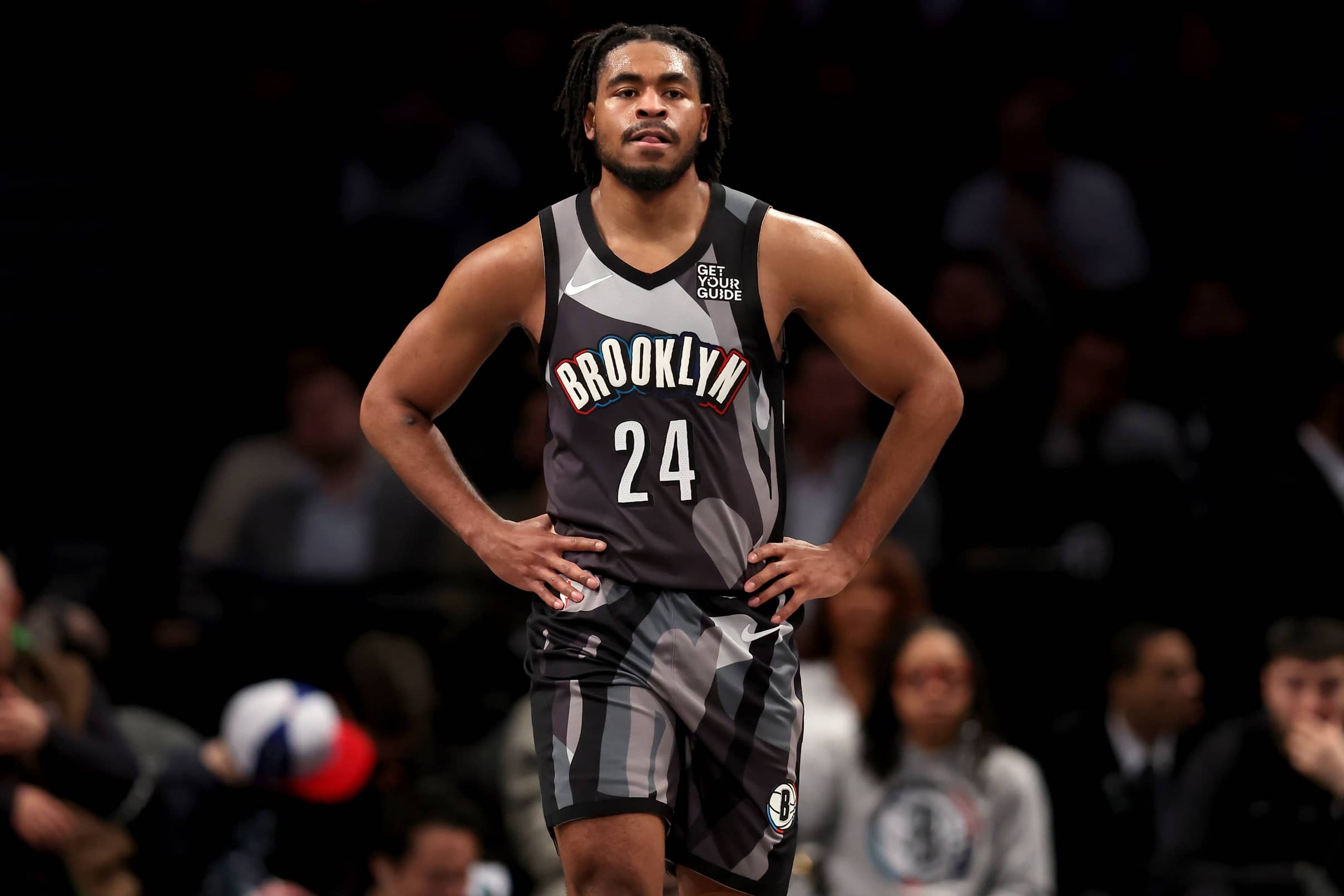 Feb 28, 2025; Brooklyn, New York, USA; Brooklyn Nets guard Cam Thomas (24) reacts during the second quarter against the Portland Trail Blazers at Barclays Center. Mandatory Credit: Brad Penner-Imagn Images