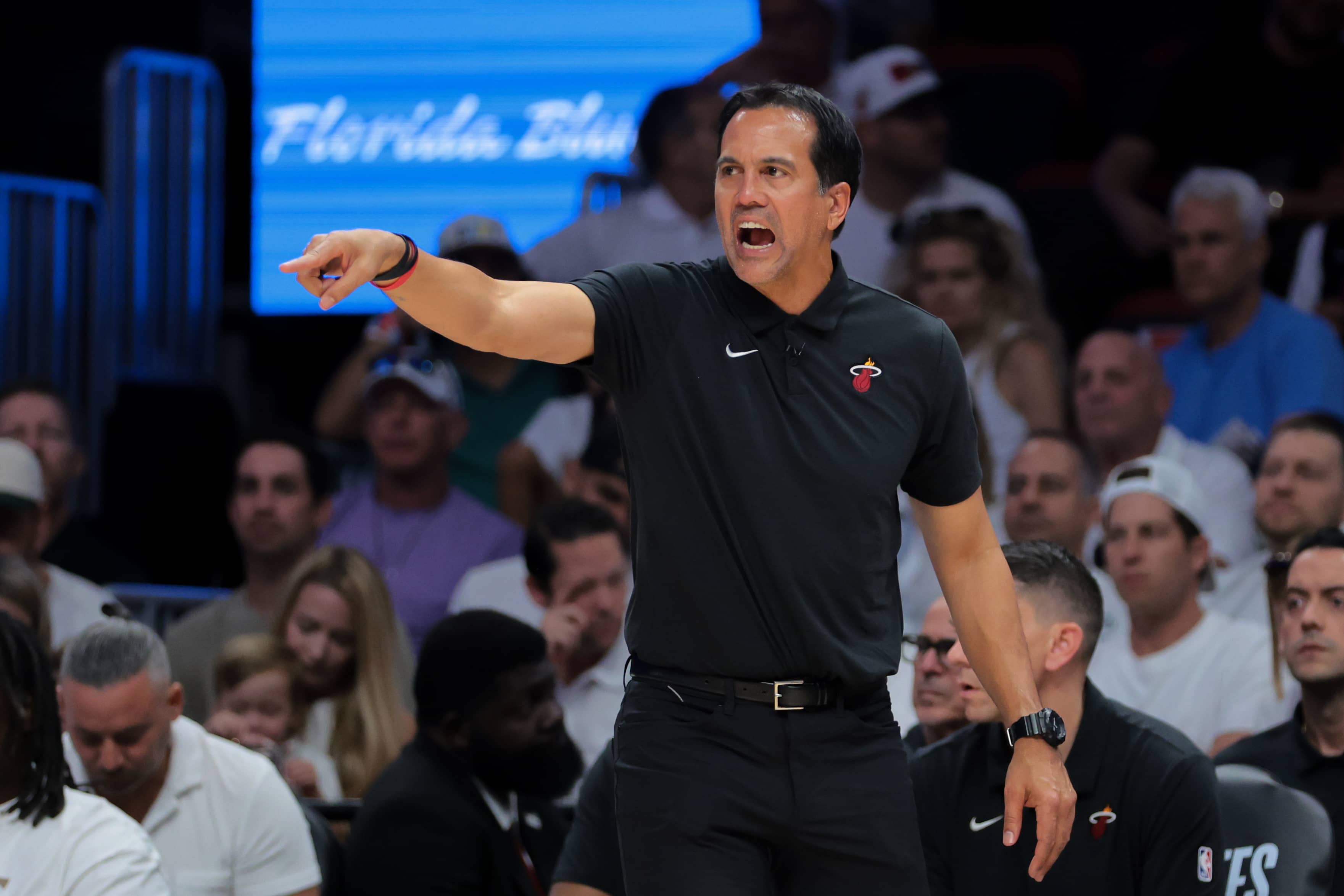 Miami, Florida, USA; Miami Heat head coach Erik Spoelstra signals from the sideline against the Cleveland Cavaliers in the third quarter during game three for the first round of the 2025 NBA Playoffs at Kaseya Center. Mandatory Credit: Sam Navarro-Imagn Images