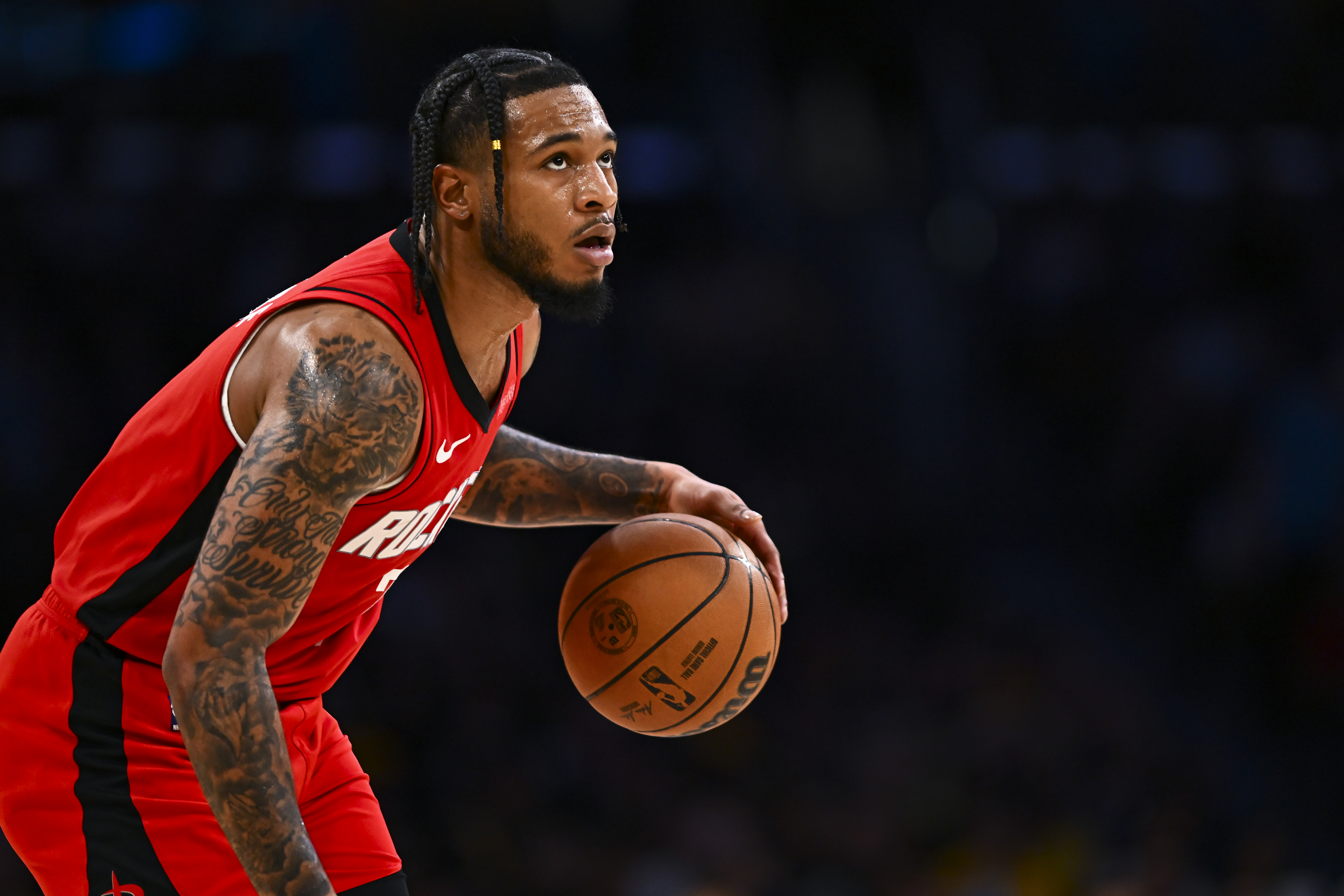 Apr 11, 2025; Los Angeles, California, USA; Houston Rockets forward Cam Whitmore (7) looks to shoot against the Los Angeles Lakers during the second half at Crypto.com Arena. Mandatory Credit: Jonathan Hui-Imagn Images  