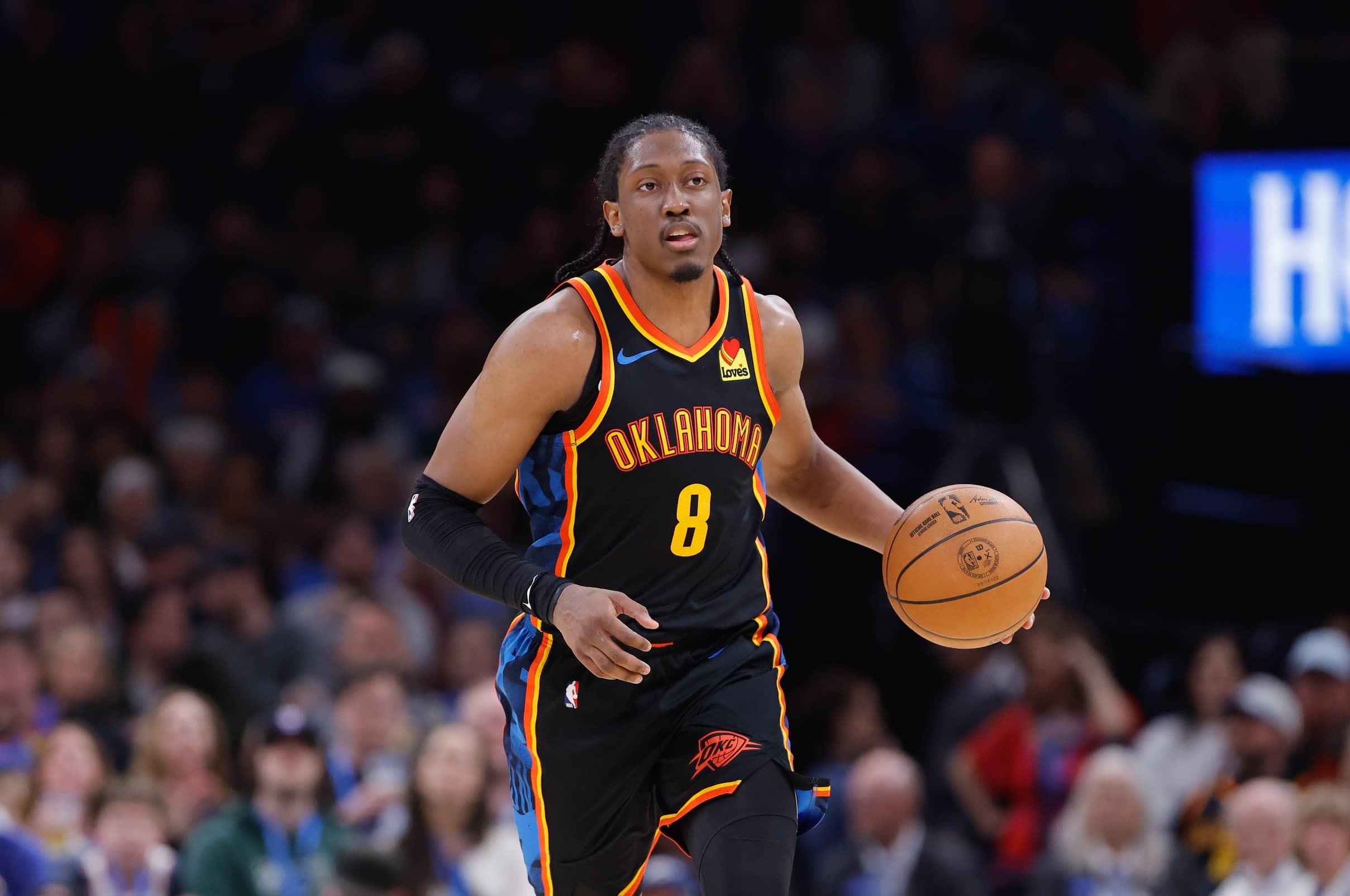 Oklahoma City, Oklahoma, USA; Oklahoma City Thunder forward Jalen Williams (8) dribbles down the court against the Denver Nuggets during the second half at Paycom Center. Mandatory Credit: Alonzo Adams-Imagn Images