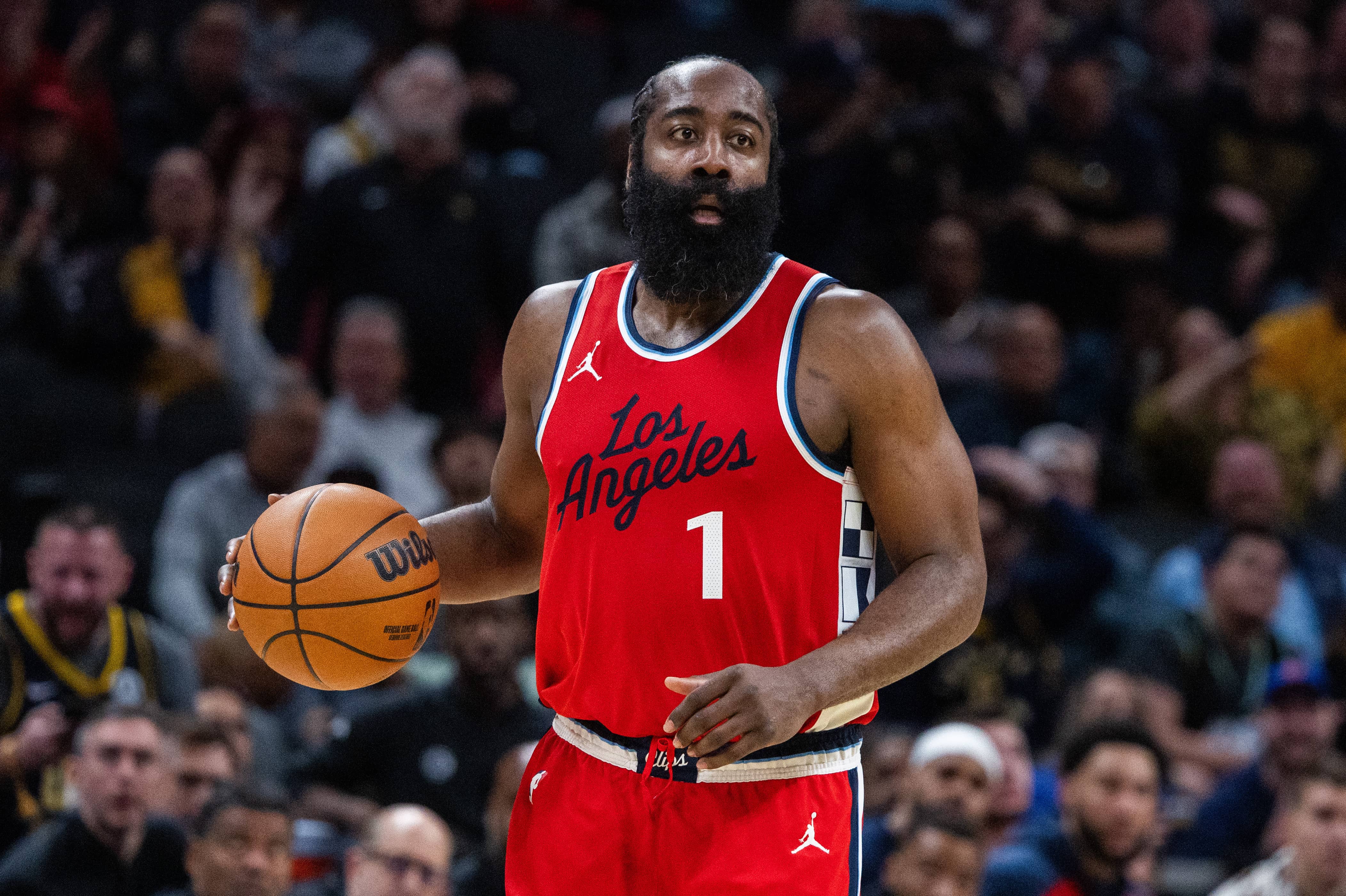 Indianapolis, Indiana, USA; LA Clippers guard James Harden (1) dribbles the ball in the first half against the Indiana Pacers at Gainbridge Fieldhouse. Mandatory Credit: Trevor Ruszkowski-Imagn Images