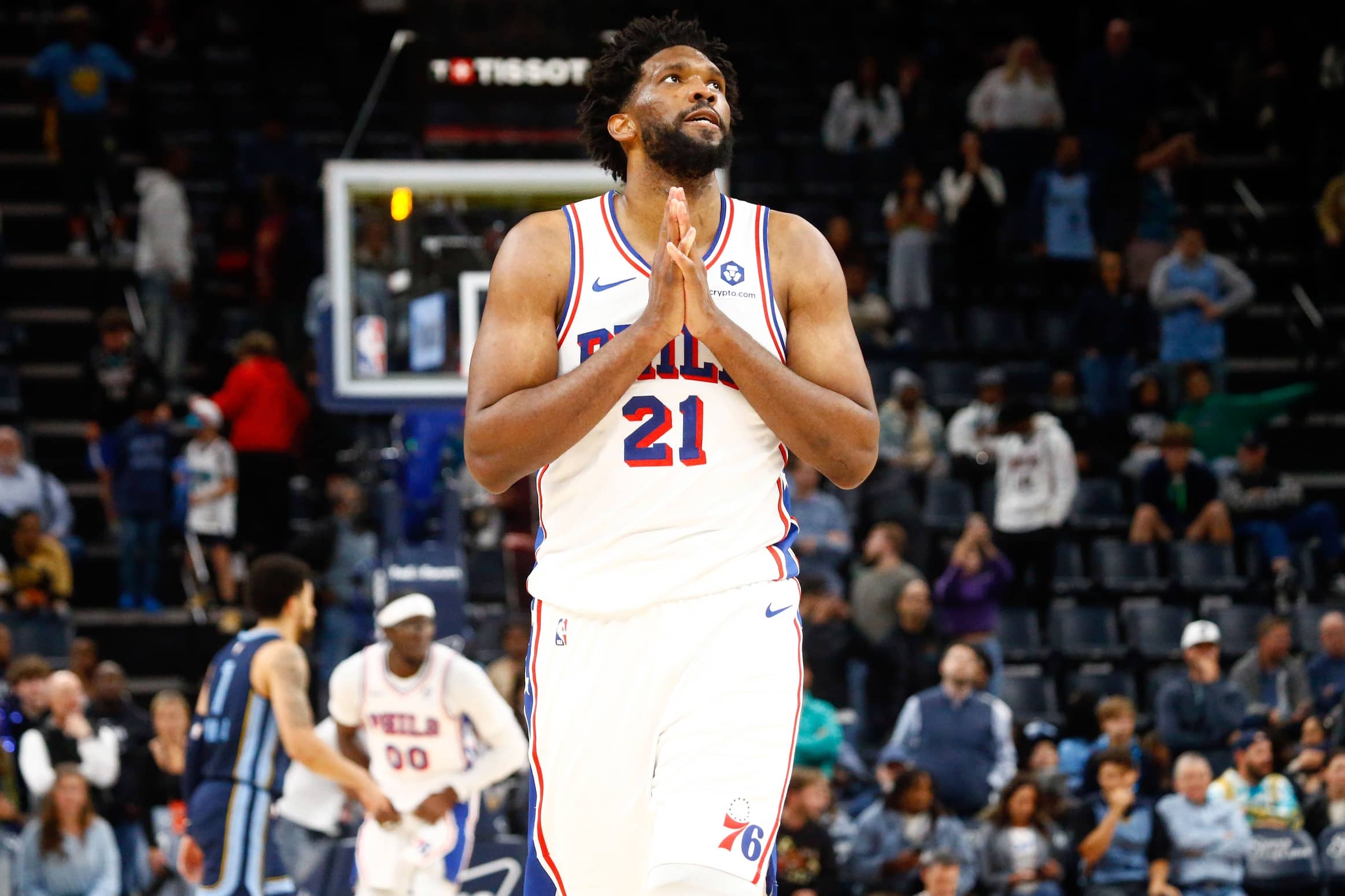 Nov 20, 2024; Memphis, Tennessee, USA; Philadelphia 76ers center Joel Embiid (21) reacts after a turnover during the second half against the Memphis Grizzlies at FedExForum.