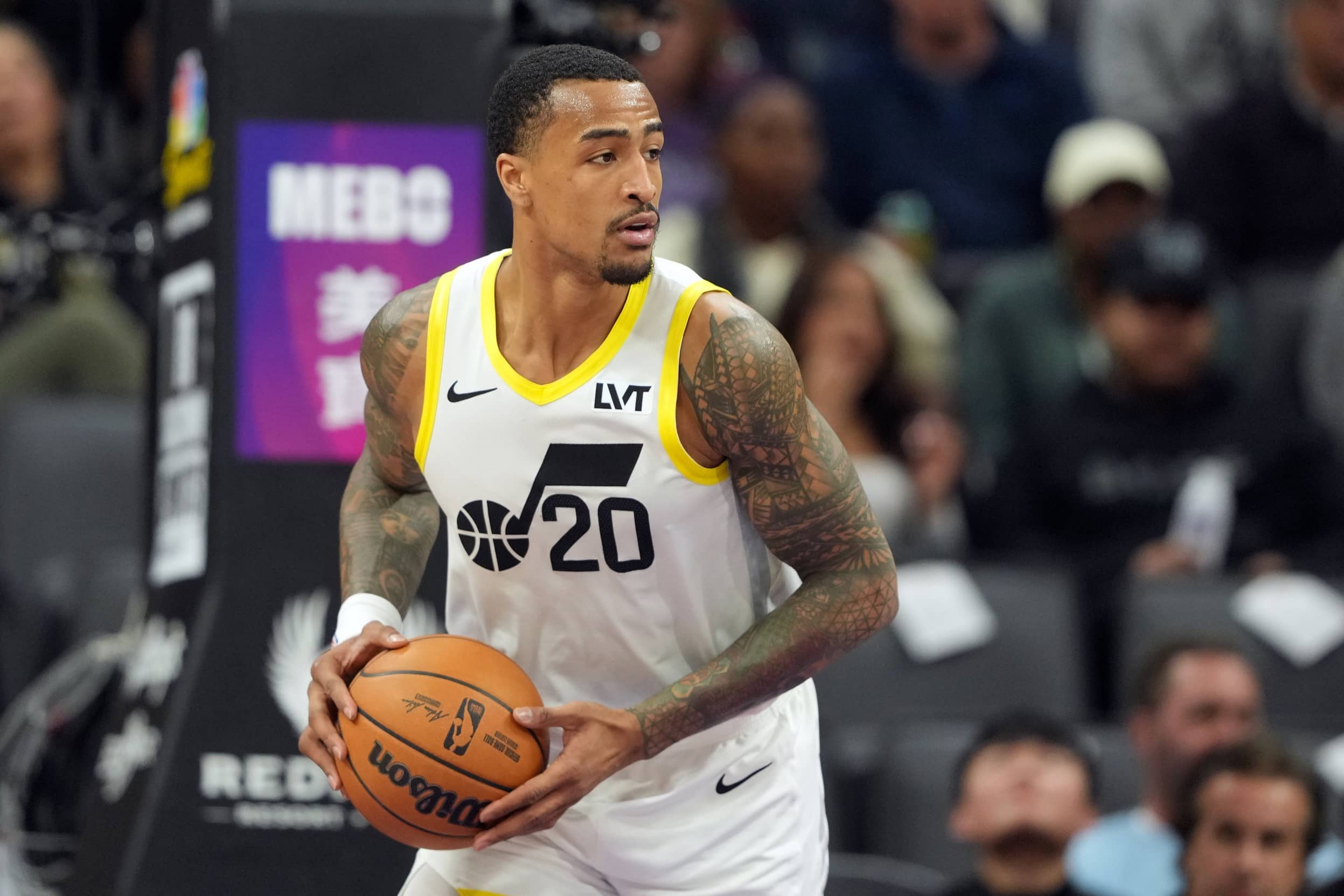 Dec 8, 2024; Sacramento, California, USA; Utah Jazz forward John Collins (20) during the third quarter against the Sacramento Kings at Golden 1 Center. Mandatory Credit: Darren Yamashita-Imagn Images