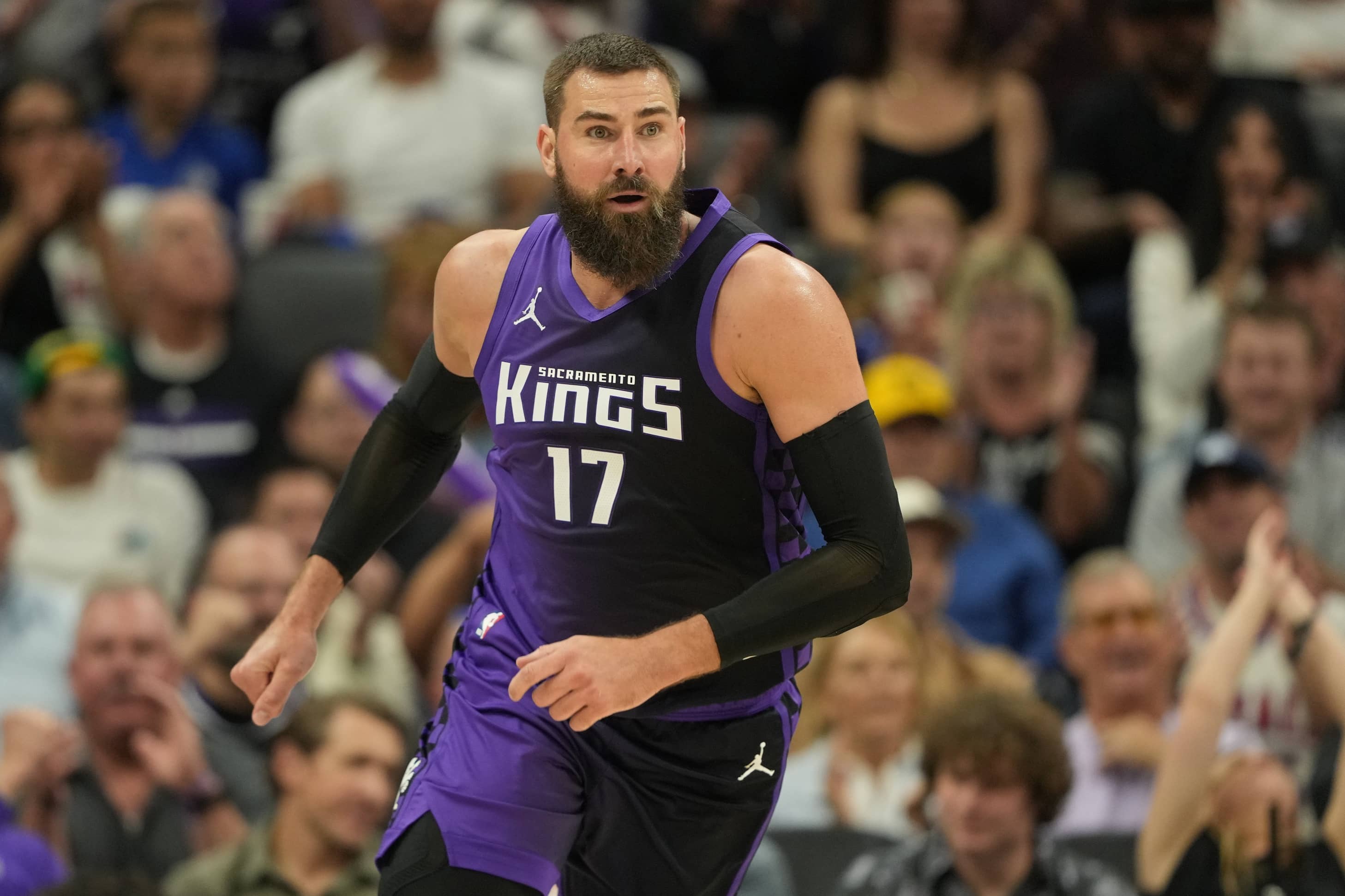 Apr 11, 2025; Sacramento, California, USA; Sacramento Kings center Jonas Valanciunas (17) during the third quarter against the Los Angeles Clippers at Golden 1 Center. Mandatory Credit: Darren Yamashita-Imagn Images