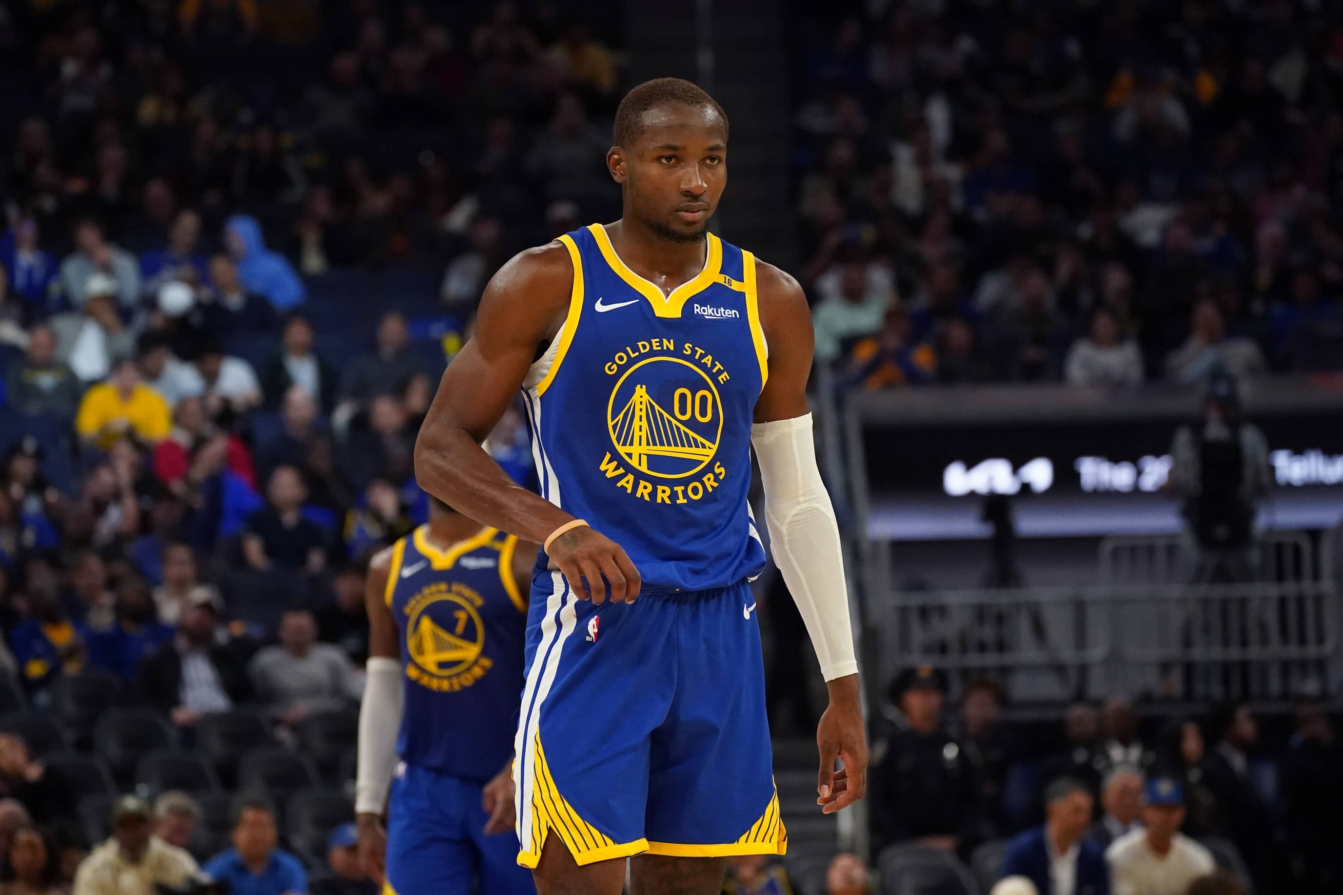 Oct 30, 2024; San Francisco, California, USA; Golden State Warriors forward Jonathan Kuminga (00) waits during a pause in the action against the New Orleans Pelicans in the fourth quarter at Chase Center. Mandatory Credit: David Gonzales-Imagn Images
