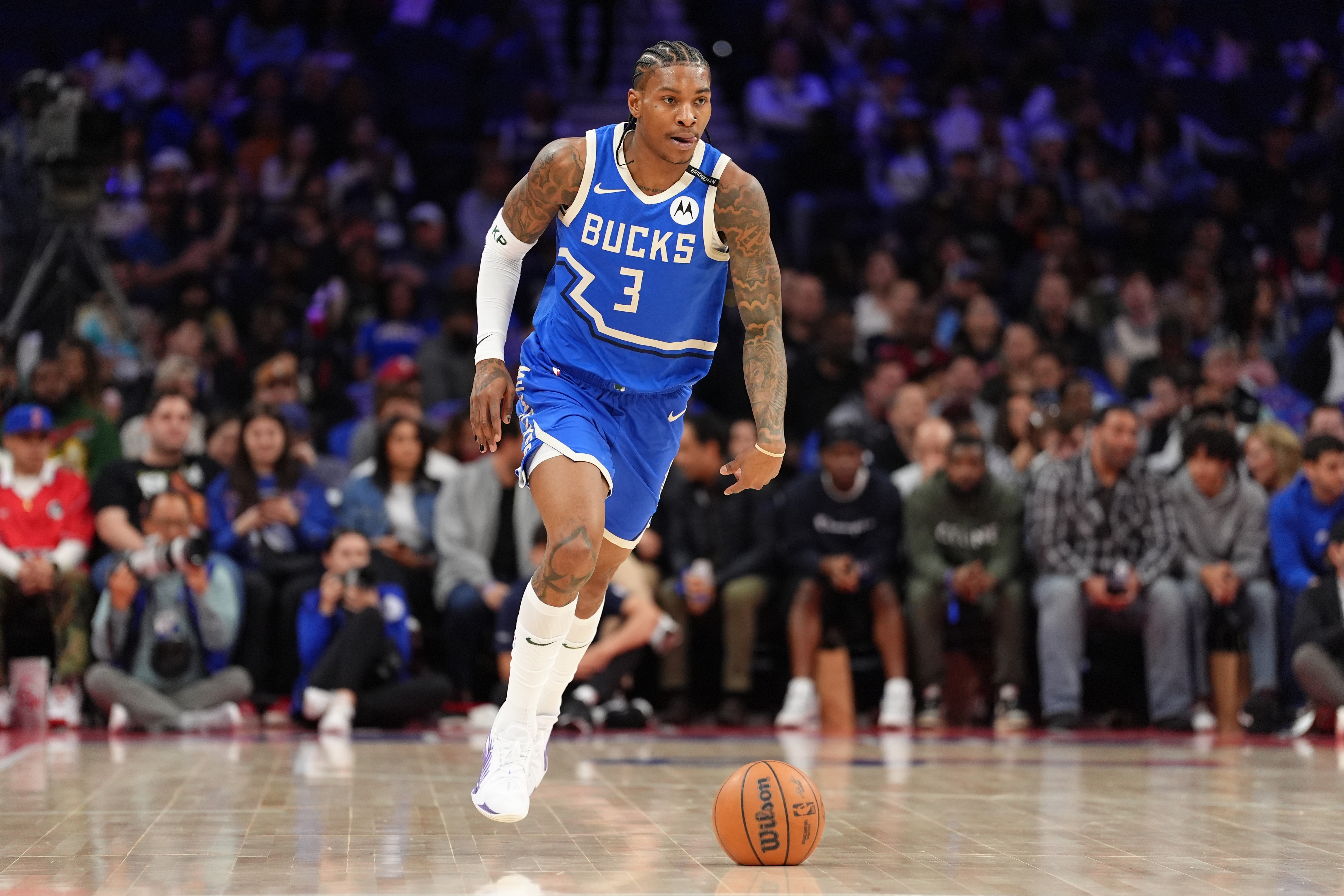 Apr 3, 2025; Philadelphia, Pennsylvania, USA; Milwaukee Bucks guard Kevin Porter Jr (3) controls the ball against the Philadelphia 76ers in the second quarter at Wells Fargo Center. Mandatory Credit: Kyle Ross-Imagn Images  