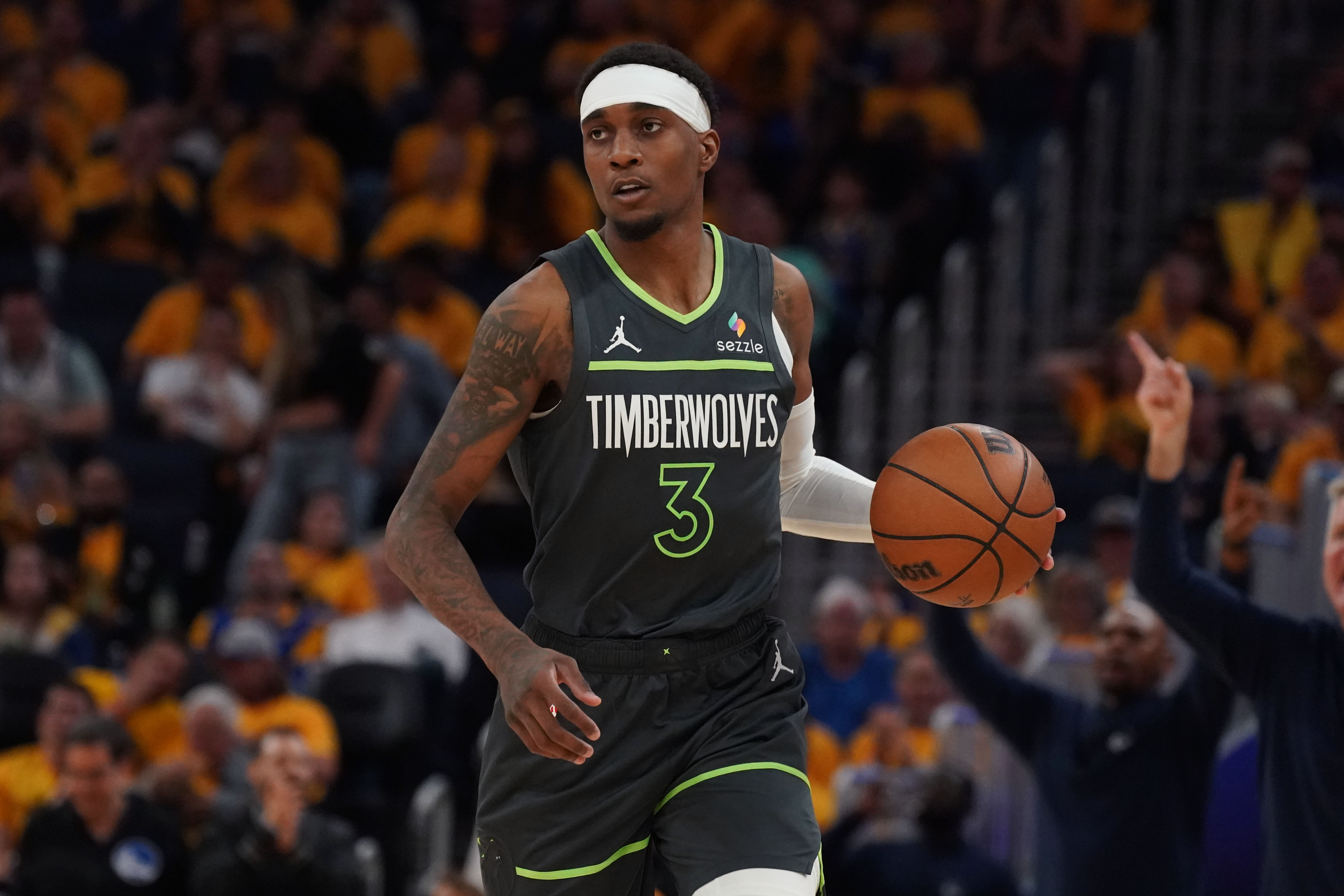 May 10, 2025; San Francisco, California, USA; Minnesota Timberwolves forward Jaden McDaniels (3) dribbles upcourt against the Golden State Warriors in the third quarter during game three in the second round for the 2025 NBA Playoffs at Chase Center. Mandatory Credit: David Gonzales-Imagn Images  