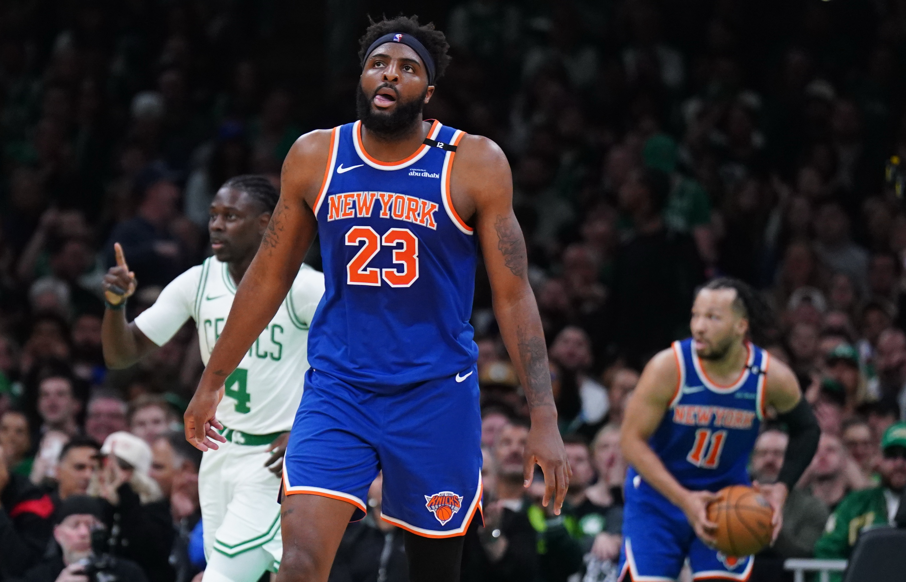 May 5, 2025; Boston, Massachusetts, USA; New York Knicks center Mitchell Robinson (23) returns up court against the Boston Celtics in the second quarter during game one of the second round for the 2025 NBA Playoffs at TD Garden. Mandatory Credit: David Butler II-Imagn Images  