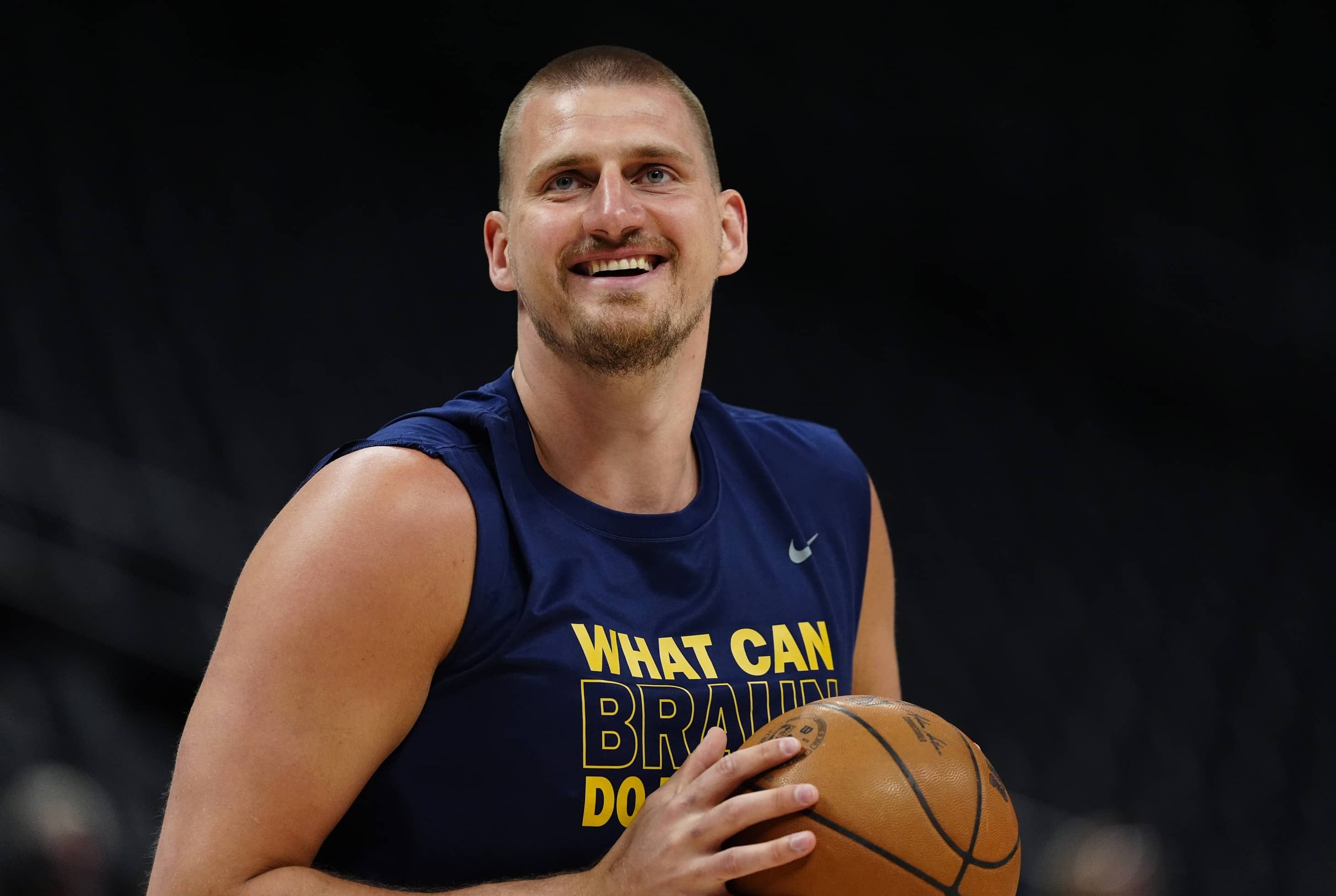 Apr 11, 2025; Denver, Colorado, USA; Denver Nuggets center Nikola Jokic (15) reacts before the game against the Memphis Grizzlies at Ball Arena.