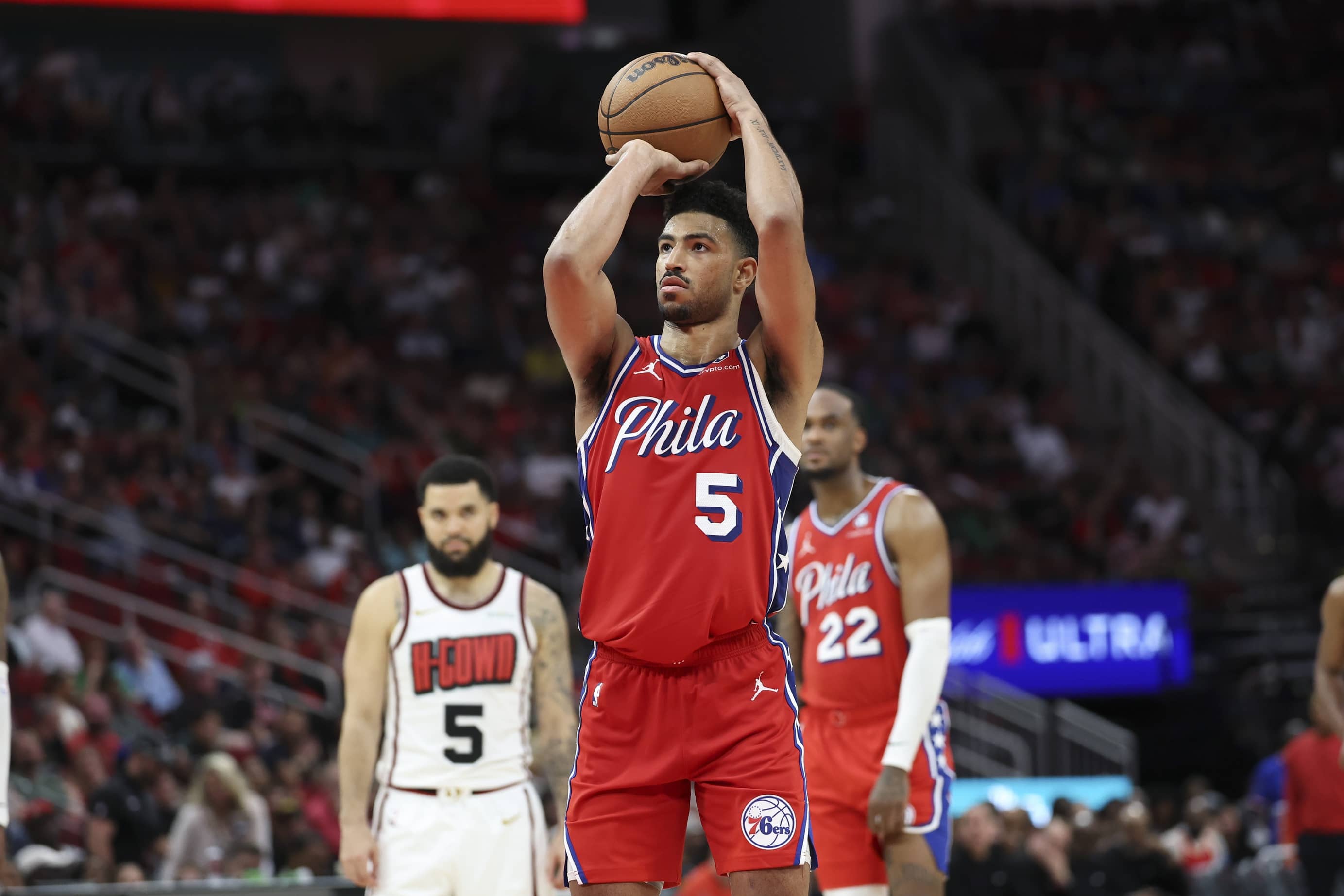 Mar 17, 2025; Houston, Texas, USA; Philadelphia 76ers guard Quentin Grimes (5) attempts a free throw after a technical foul against the Houston Rockets during the fourth quarter at Toyota Center. Mandatory Credit: Troy Taormina-Imagn Images