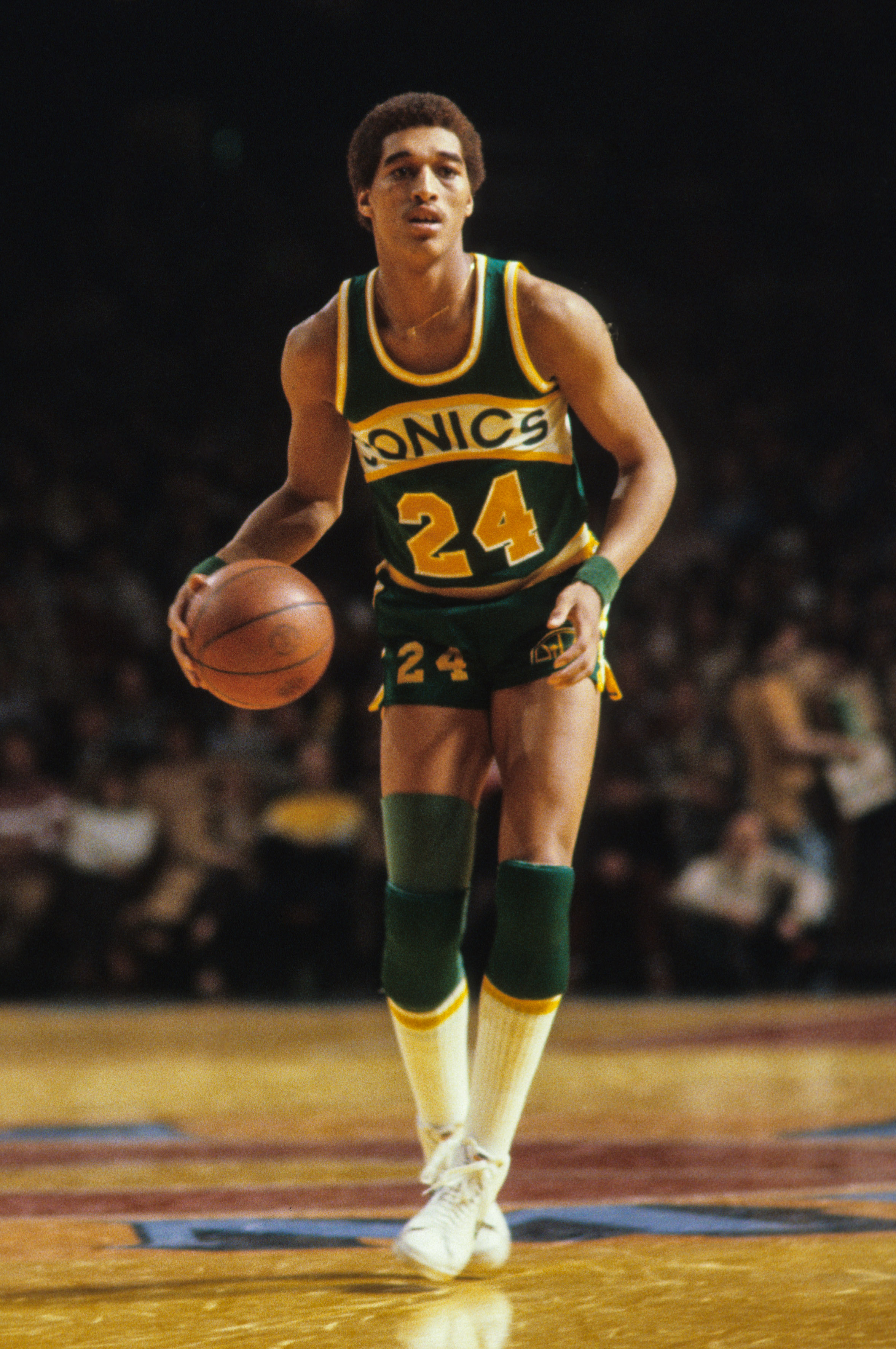 Unknown date and unknown location; USA; FILE PHOTO; Seattle Supersonics guard Dennis Johnson (24). Mandatory Credit: Malcolm Emmons-USA TODAY Network.  