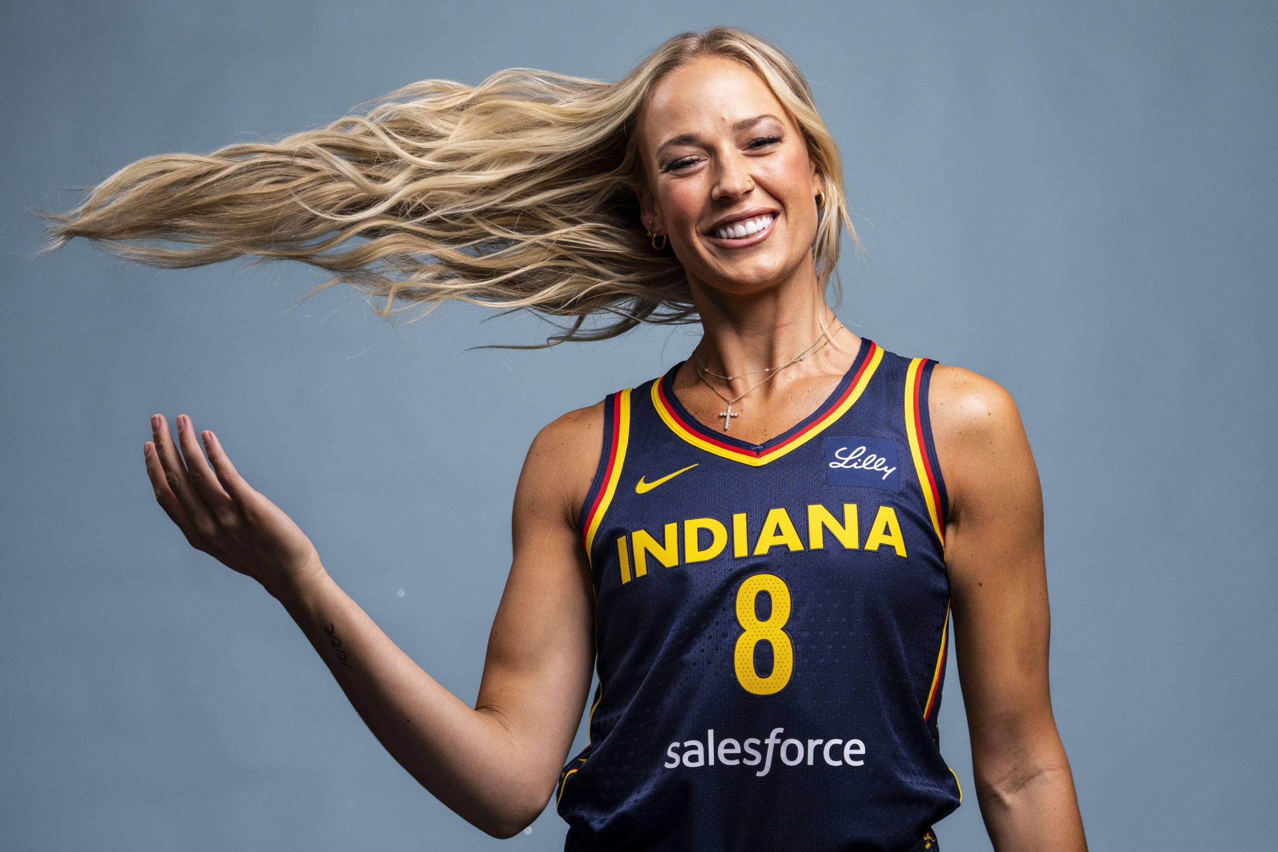Indiana Fever guard Sophie Cunningham poses for a photo Wednesday, April 30, 2025, during the Indiana Fever media day at Gainbridge Fieldhouse in Indianapolis.