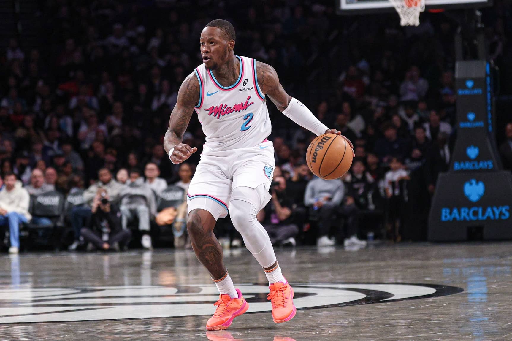 Feb 7, 2025; Brooklyn, New York, USA; Miami Heat guard Terry Rozier (2) dribbles up court during the second half against the Brooklyn Nets at Barclays Center. Mandatory Credit: Vincent Carchietta-Imagn Images