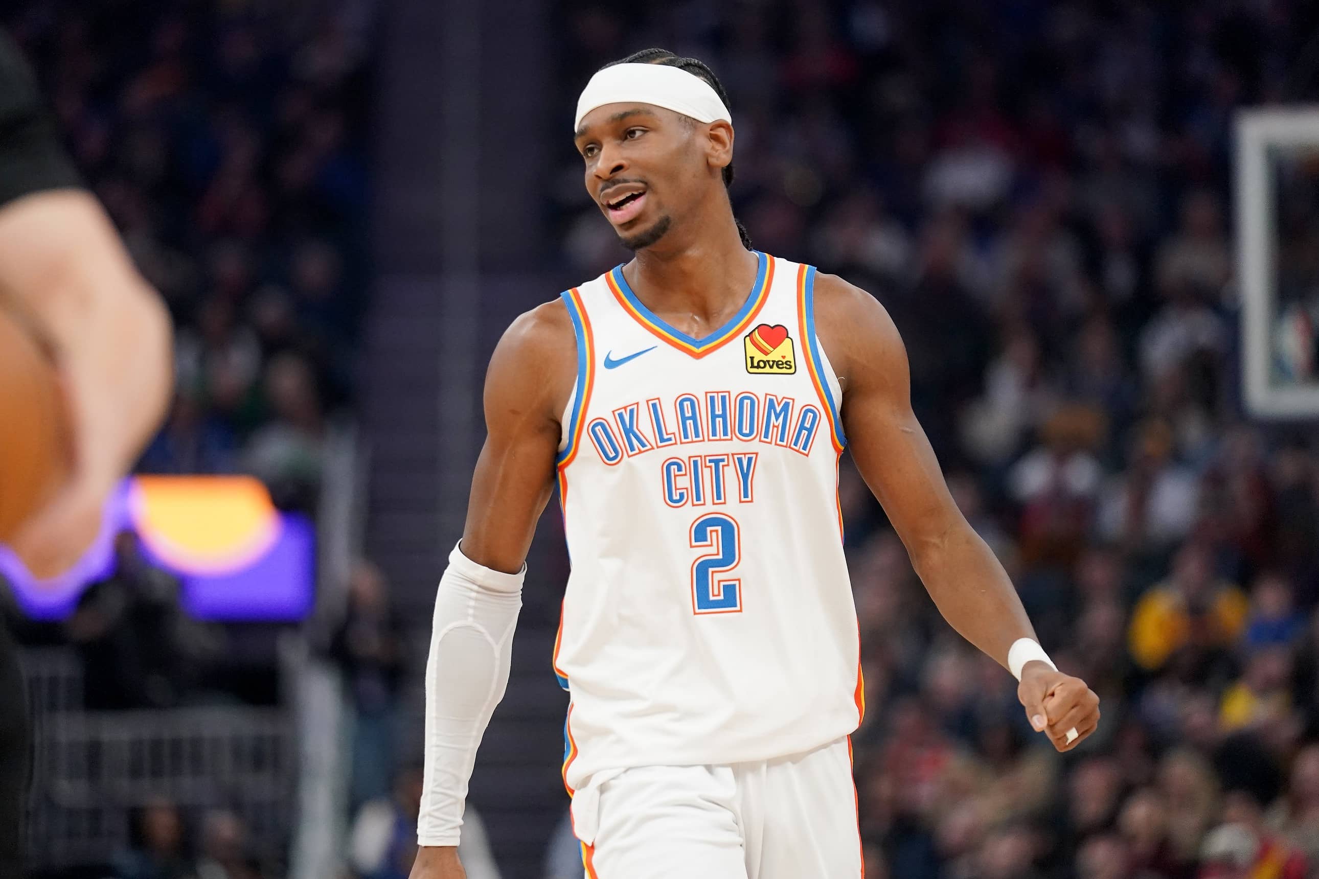 Oklahoma City Thunder guard Shai Gilgeous-Alexander (2) reacts after being called for a foul against the Golden State Warriors in the first quarter at the Chase Center.