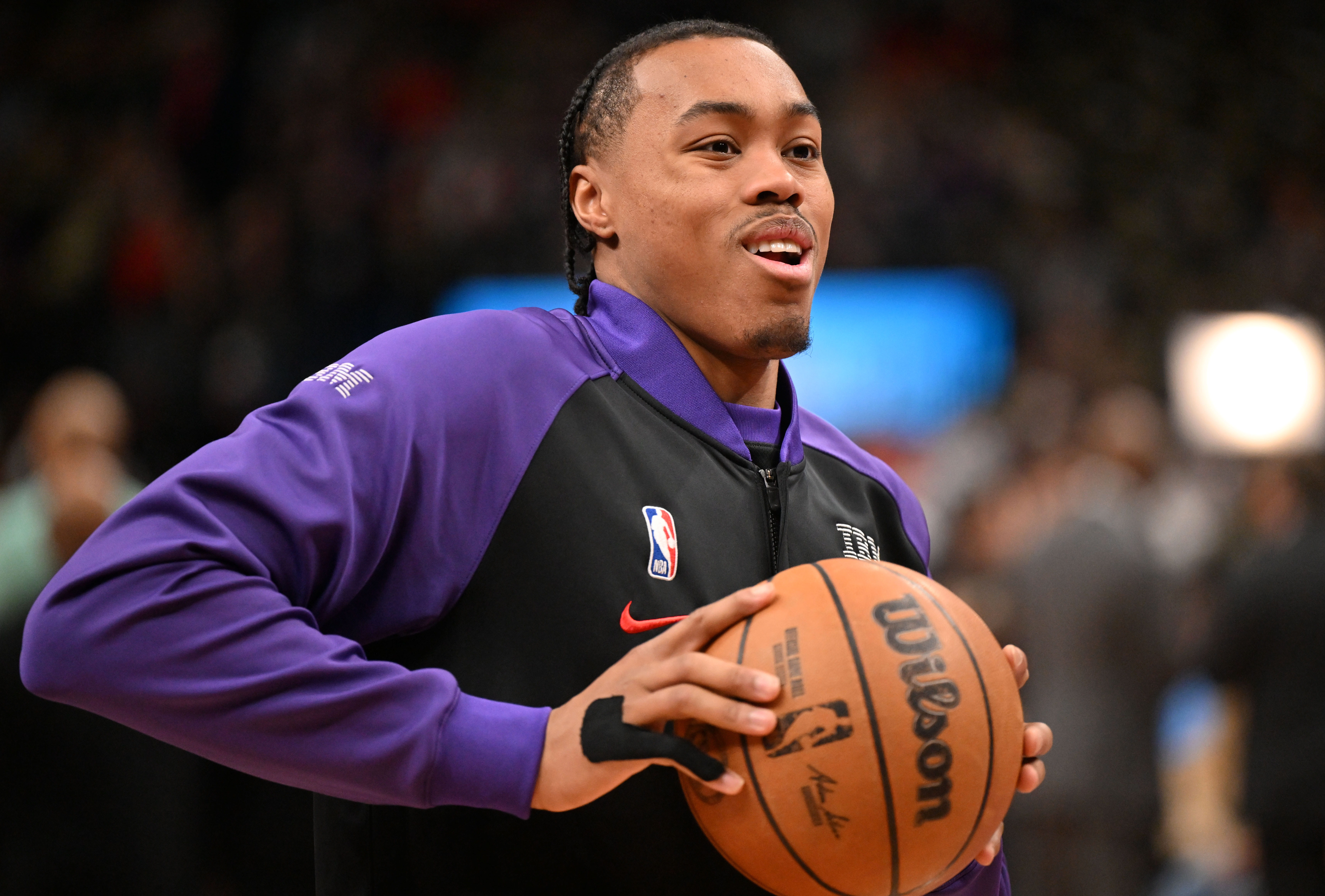 Mar 28, 2025; Toronto, Ontario, CAN; Toronto Raptors forward Scottie Barnes (4) warms up before playing the Charlotte Hornets at Scotiabank Arena. Mandatory Credit: Dan Hamilton-Imagn Images  