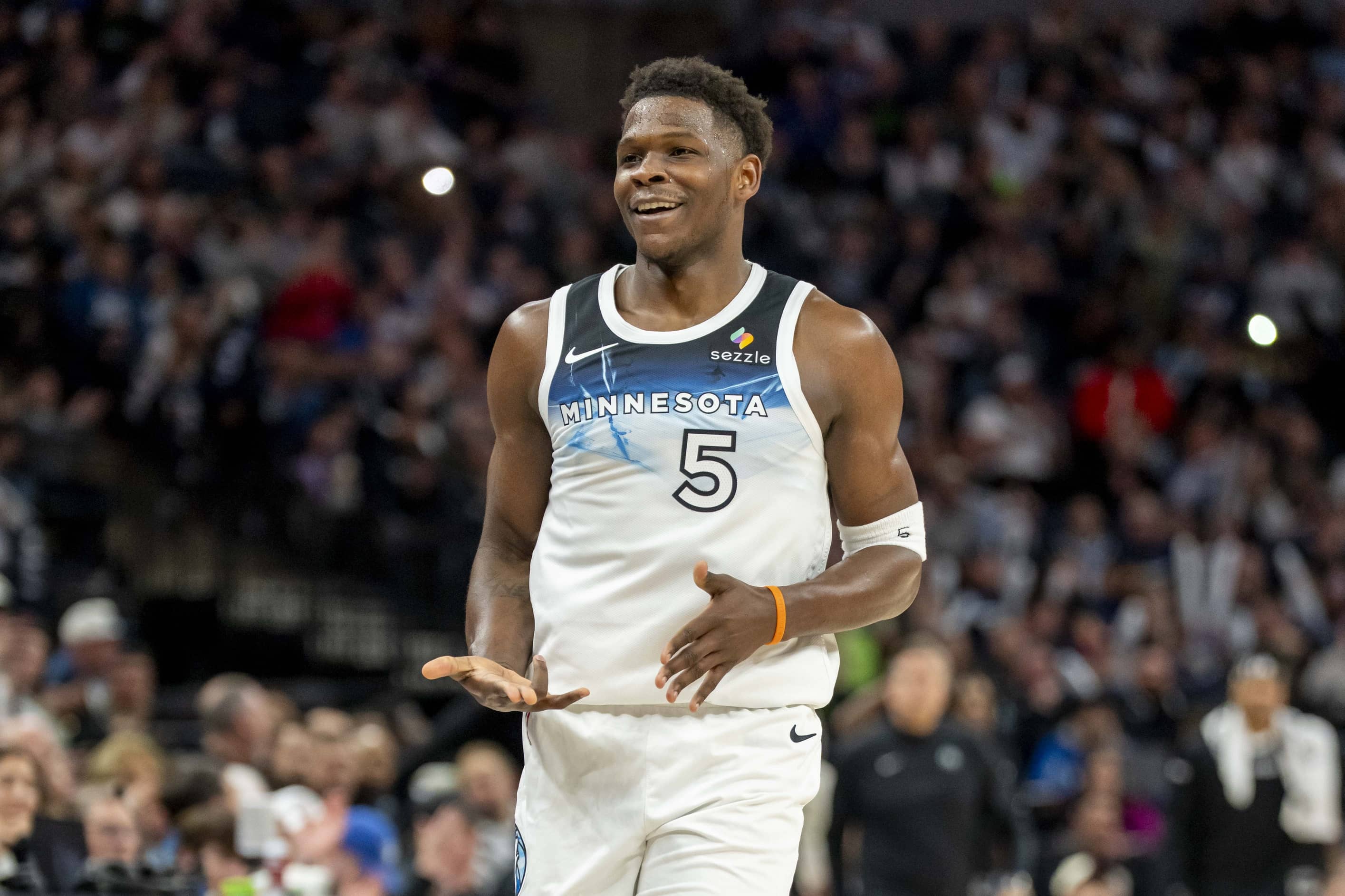 Mar 16, 2025; Minneapolis, Minnesota, USA; Minnesota Timberwolves guard Anthony Edwards (5) celebrates after making a shot against the Utah Jazz in the first half at Target Center. Mandatory Credit: Jesse Johnson-Imagn Images
