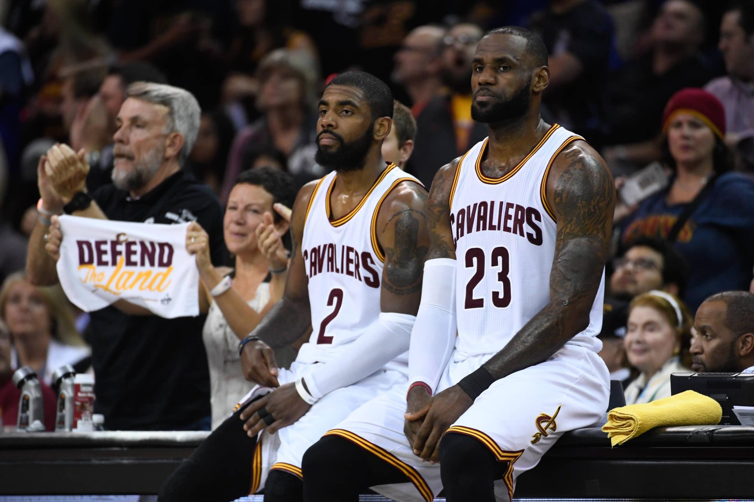 June 9, 2017; Cleveland, OH, USA; Cleveland Cavaliers guard Kyrie Irving (2) and forward LeBron James (23) during the second quarter in game four of the 2017 NBA Finals against the Golden State Warriors at Quicken Loans Arena. Mandatory Credit: Kyle Terada-Imagn Images