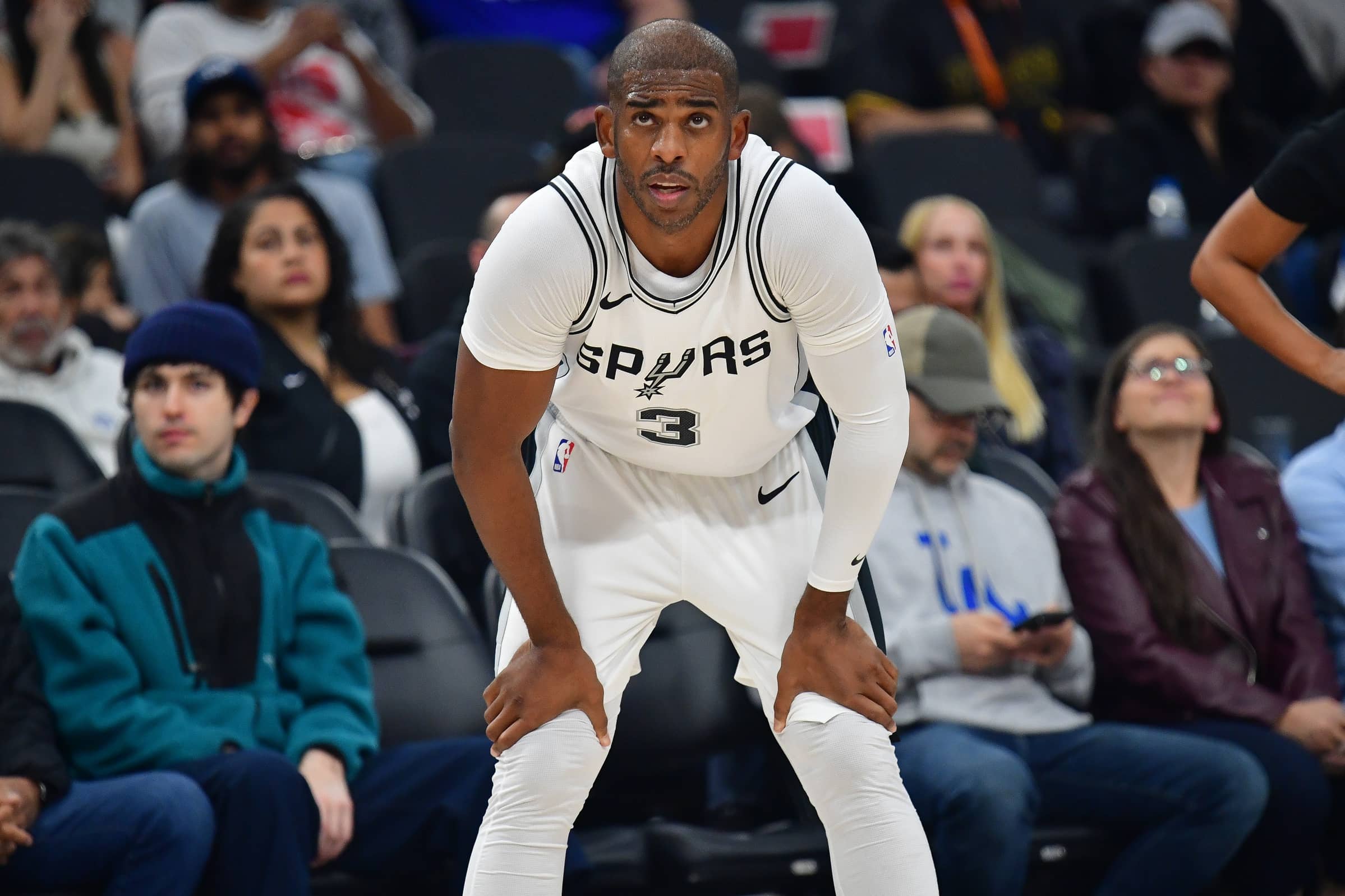 Nov 4, 2024; Inglewood, California, USA; San Antonio Spurs guard Chris Paul (3) during the first half at Intuit Dome.