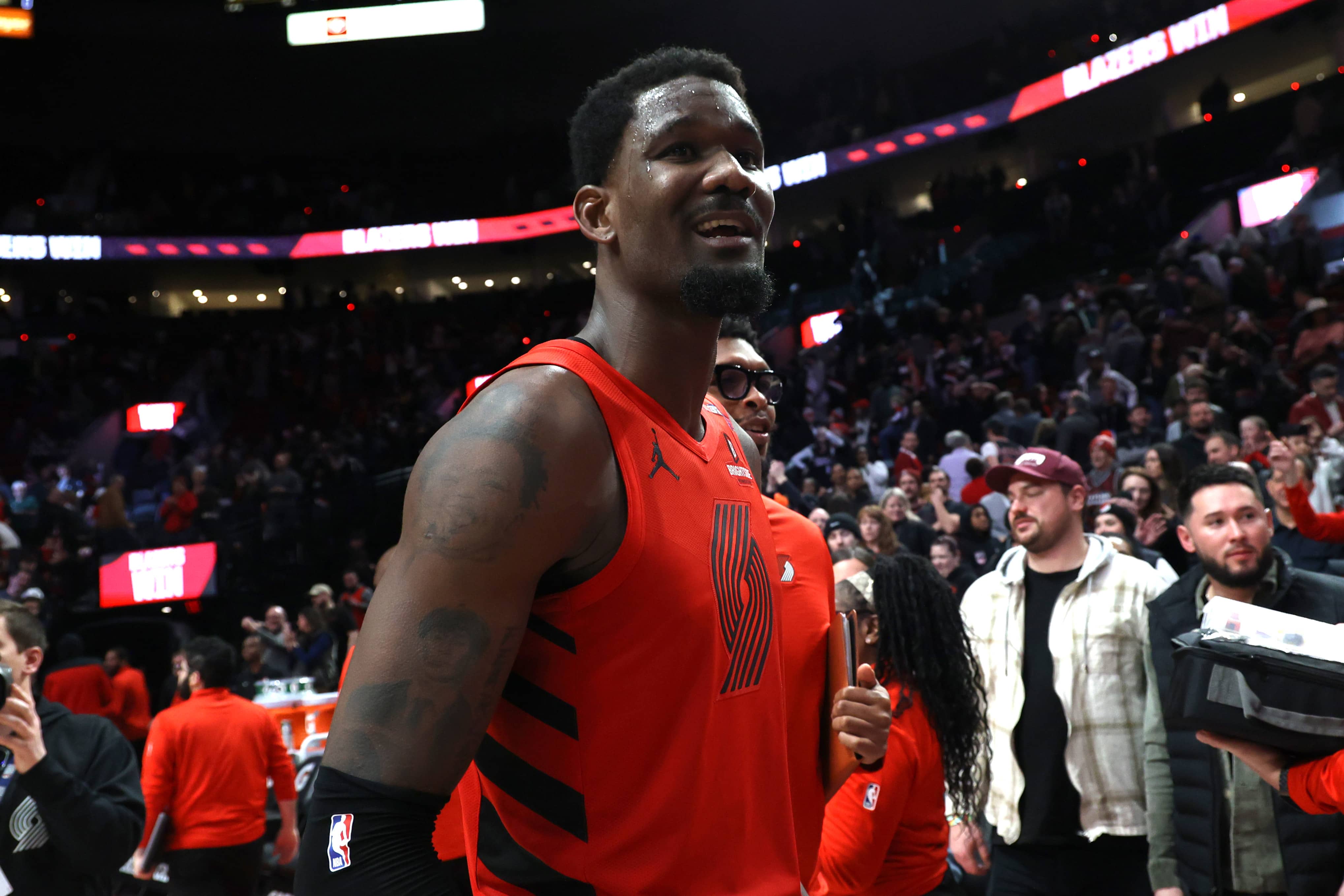 Portland, Oregon, USA; Deandre Ayton (2) reacts after the Portland Trail Blazers' 121-119 overtime win against the Phoenix Suns at Moda Center. Mandatory Credit: Jaime Valdez-Imagn Images