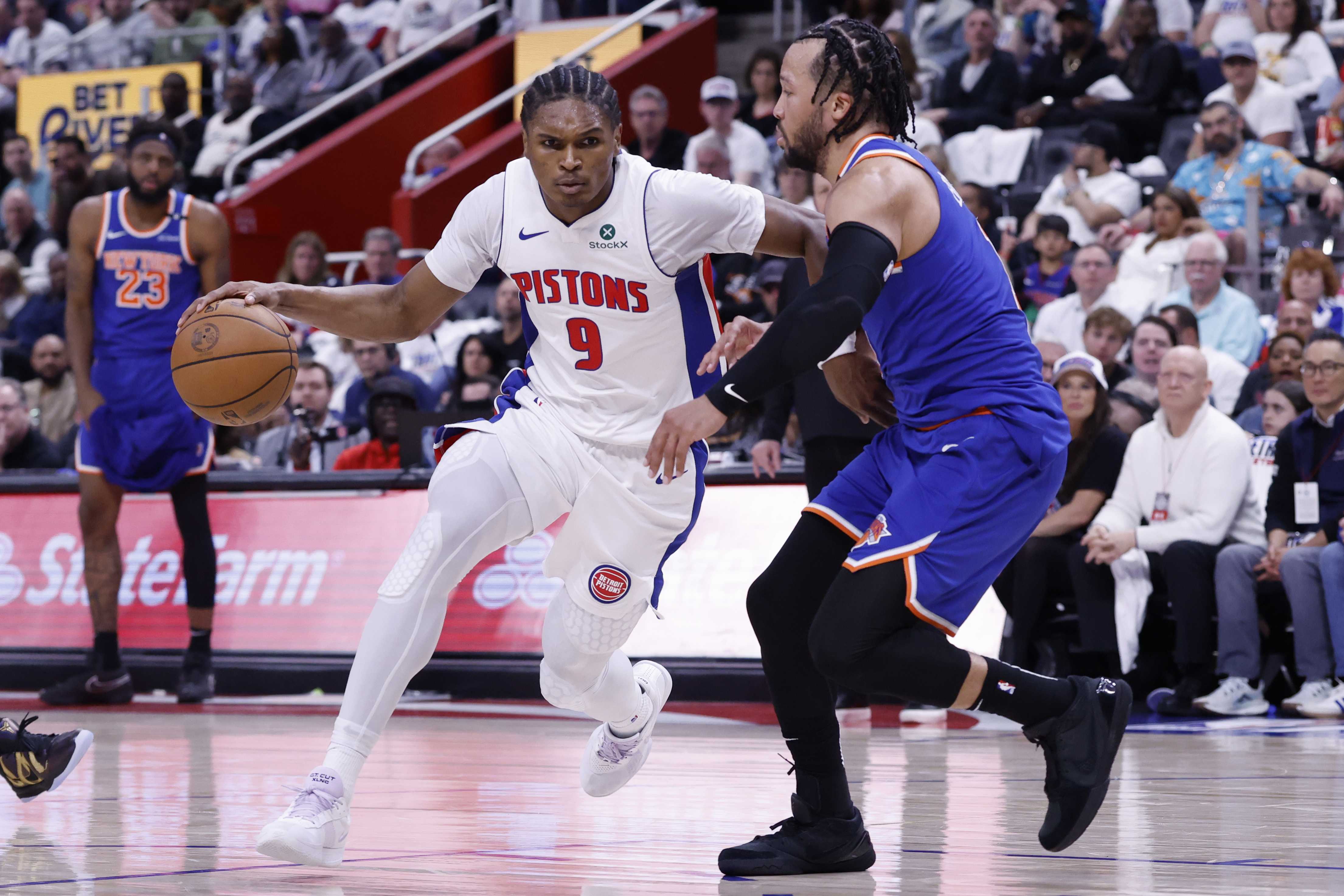 May 1, 2025; Detroit, Michigan, USA; Detroit Pistons forward Ausar Thompson (9) dribbles defended by New York Knicks guard Jalen Brunson (11) in the second half during game six of first round for the 2024 NBA Playoffs at Little Caesars Arena. Mandatory Credit: Rick Osentoski-Imagn Images  