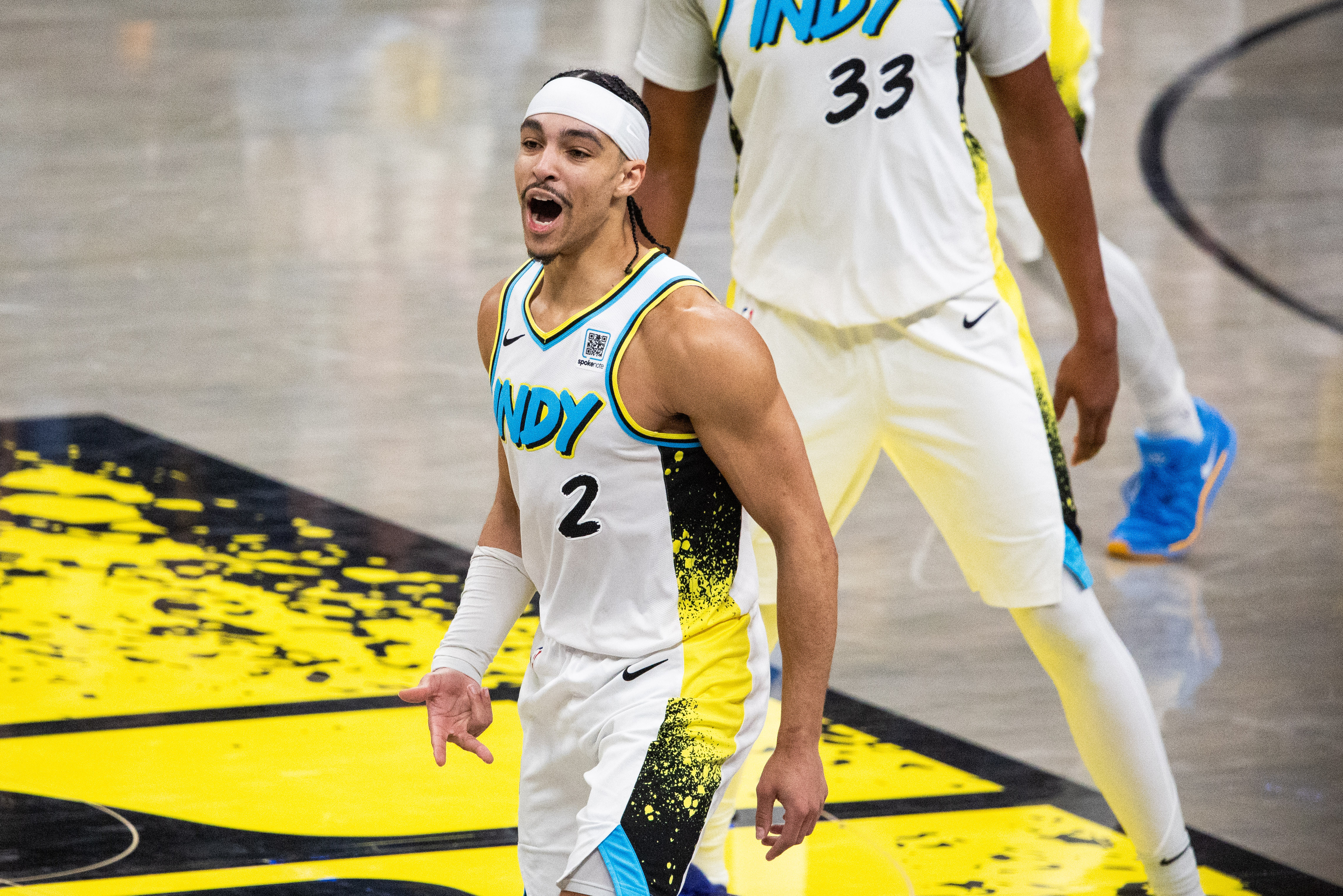 Apr 22, 2025; Indianapolis, Indiana, USA; Indiana Pacers guard Andrew Nembhard (2) celebrates a made shot during game two against the Milwaukee Bucks in the first round for the 2024 NBA Playoffs at Gainbridge Fieldhouse. Mandatory Credit: Trevor Ruszkowski-Imagn Images  