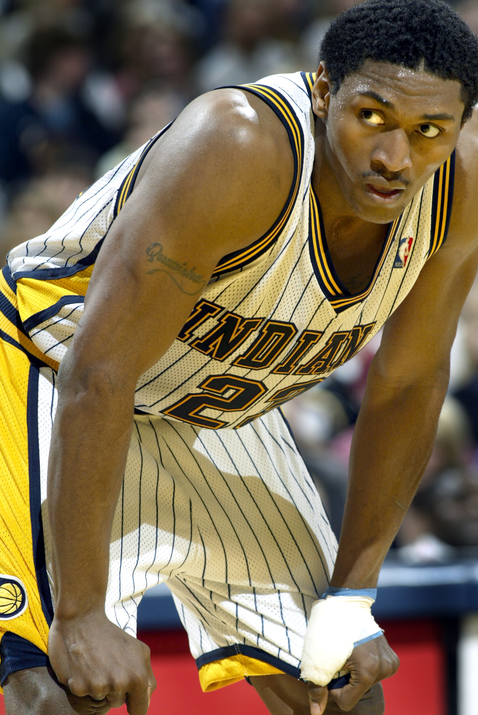 April 6, 2004; Indianapolis, IN, USA; Indiana's Ron Artest takes a break during game action. The Indianapolis Pacers hosted the New York Knicks Tuesday night April 6 2004 at Conseco Fieldhouse in Indianapolis IN. The Pacers won the game 107-86. Mandatory Credit: Sam Riche-USA TODAY NETWORK  