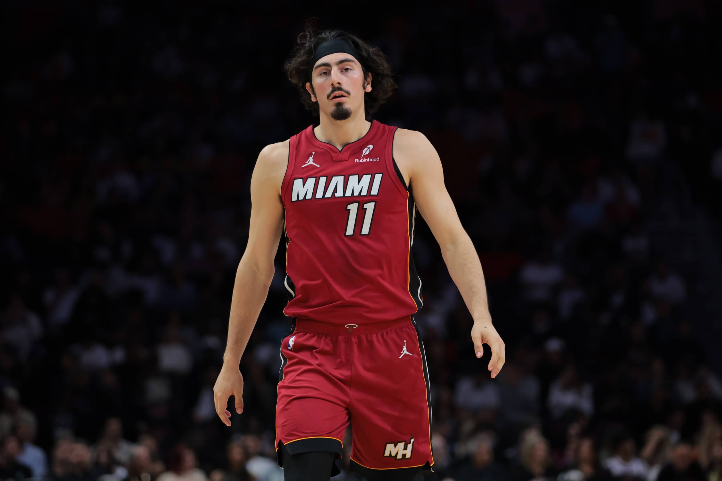 Jan 21, 2025; Miami, Florida, USA; Miami Heat guard Jaime Jaquez Jr. (11) looks on against the Portland Trail Blazers during the second quarter at Kaseya Center. Mandatory Credit: Sam Navarro-Imagn Images