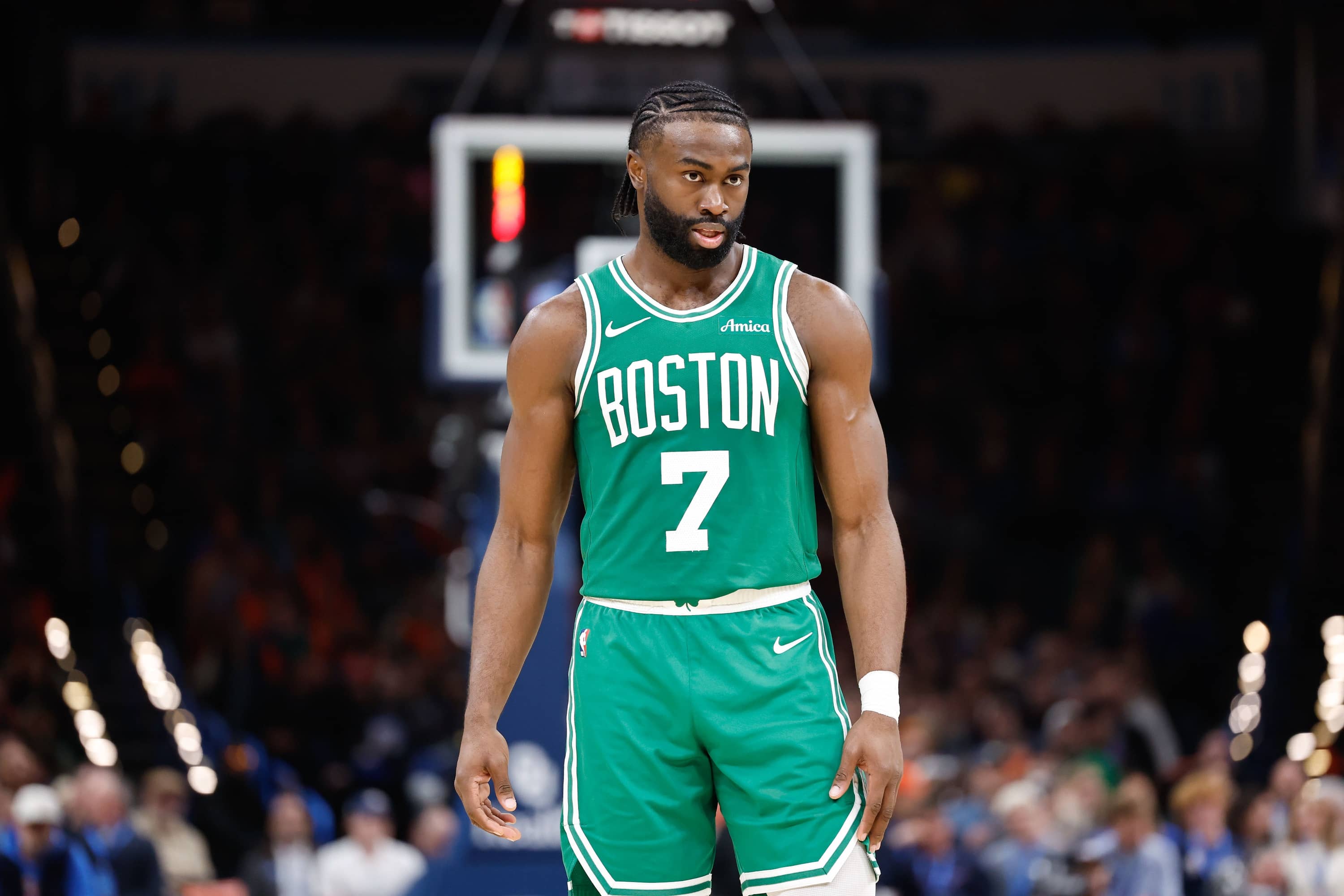 Oklahoma City, Oklahoma, USA; Boston Celtics guard Jaylen Brown (7) during Oklahoma City Thunder free throws in the fourth quarter at Paycom Center. Mandatory Credit: Alonzo Adams-Imagn Images
