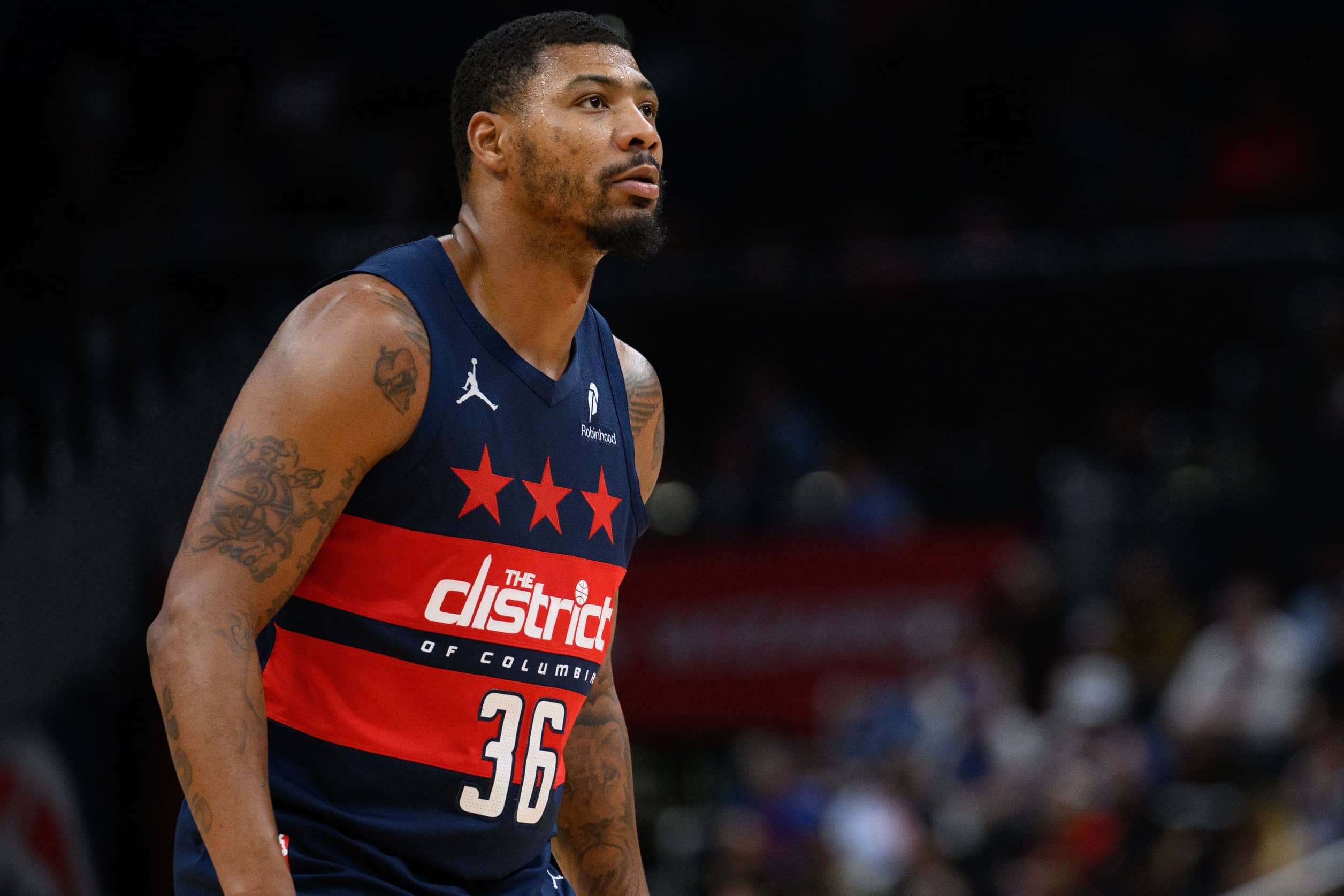 Washington, District of Columbia, USA; Marcus Smart (36) looks on during a game between the Washington Wizards and the Utah Jazz at Capital One Arena. Mandatory Credit: Reggie Hildred-Imagn Images