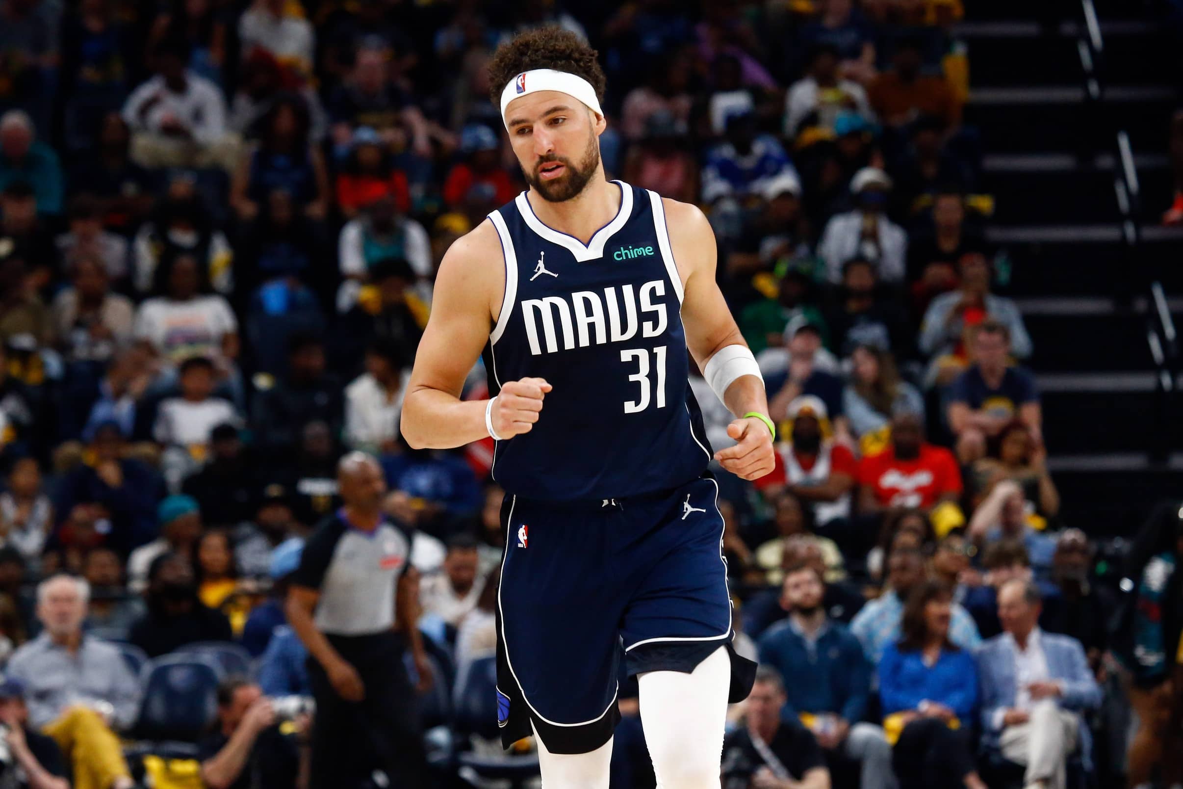 Dallas Mavericks guard Klay Thompson (31) reacts during the third quarter against the Memphis Grizzlies at FedExForum.