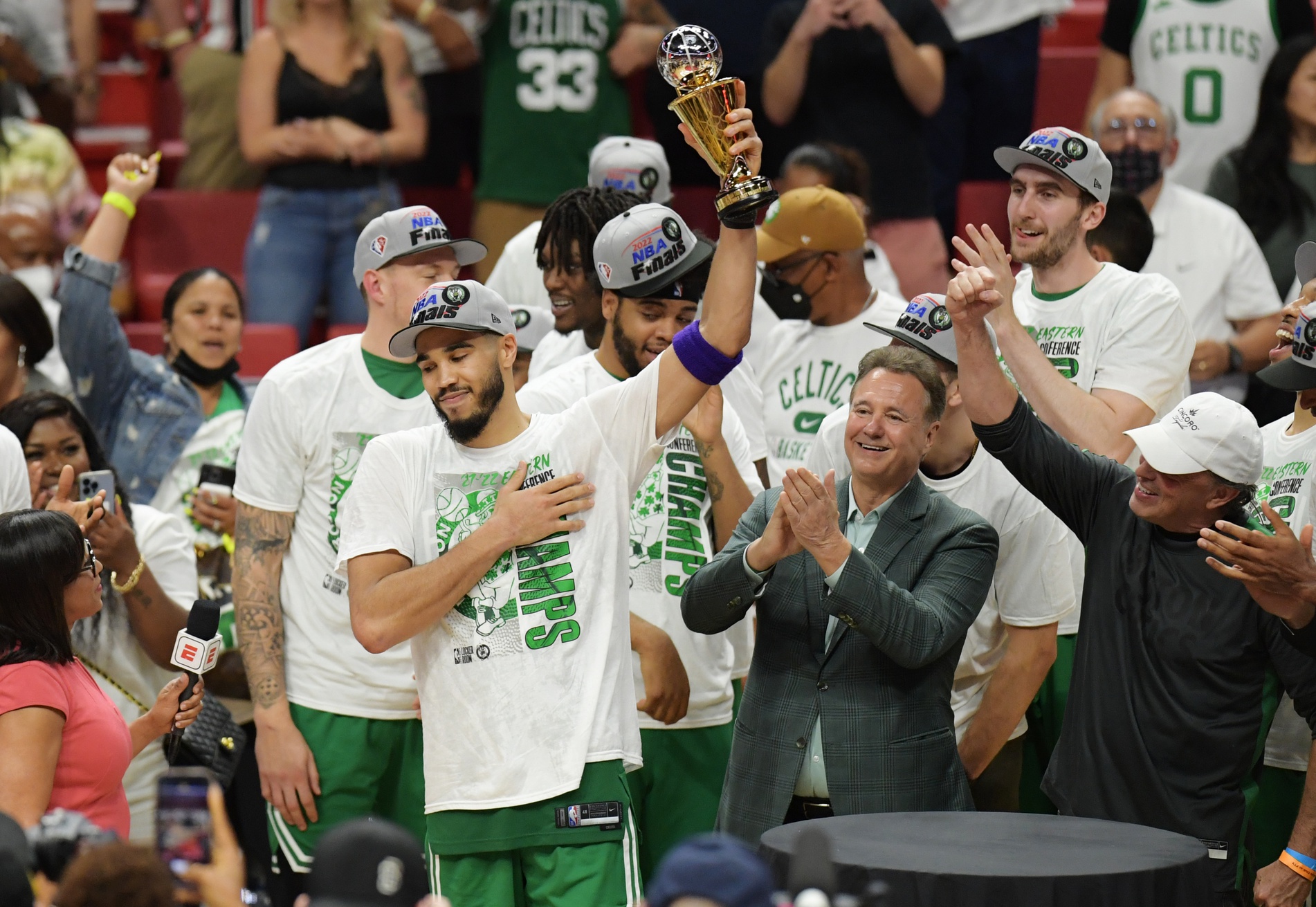 May 29, 2022; Miami, Florida, USA; Boston Celtics forward Jayson Tatum (0) reacts after winning the Larry Bird Eastern Conference Finals MVP trophy after game seven of the 2022 eastern conference finals at FTX Arena.