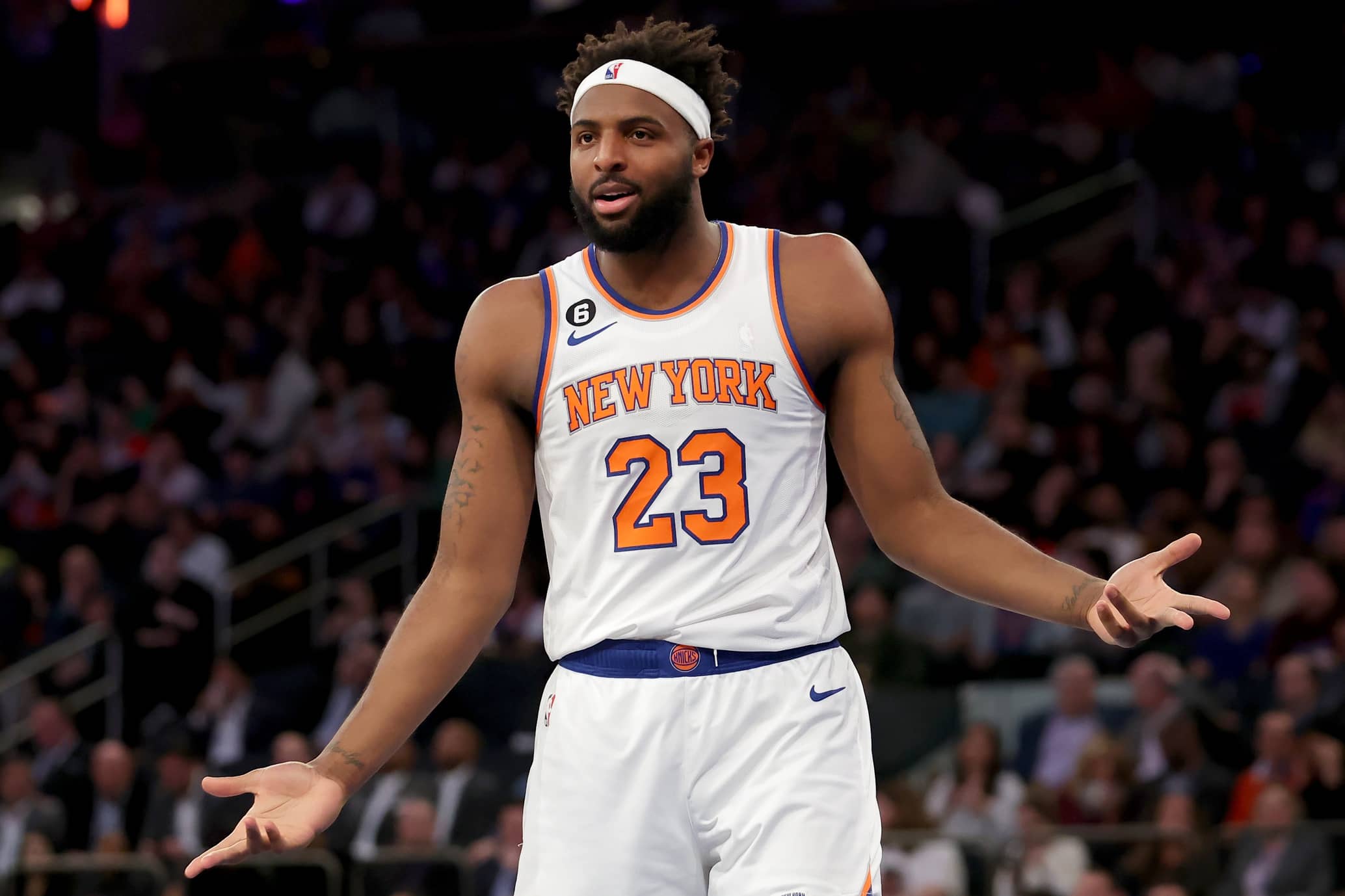 New York Knicks center Mitchell Robinson (23) reacts after being called for a foul during the second quarter against the San Antonio Spurs at Madison Square Garden.