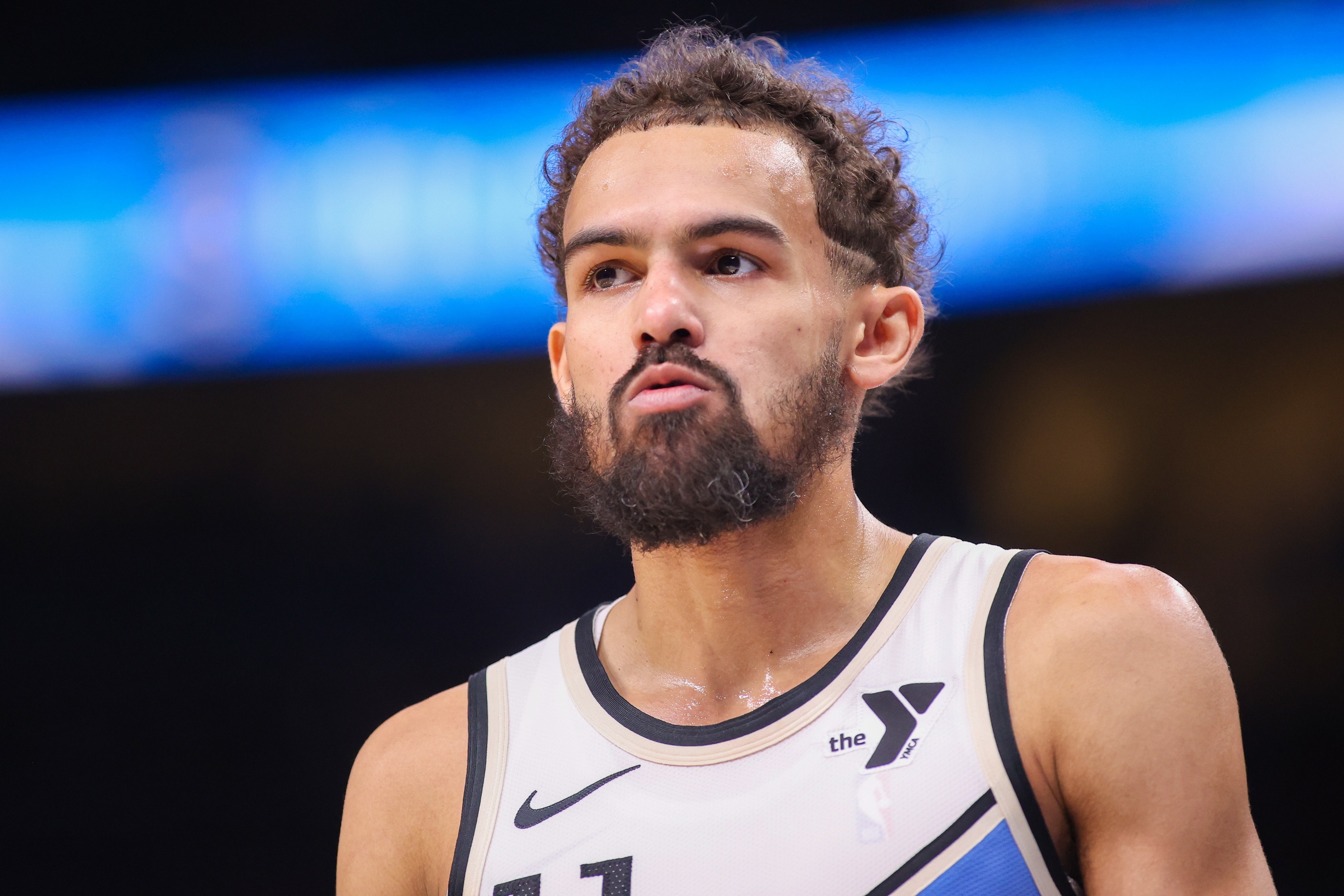 Feb 28, 2025; Atlanta, Georgia, USA; Atlanta Hawks guard Trae Young (11) in action against the Oklahoma City Thunder in the second quarter at State Farm Arena.
