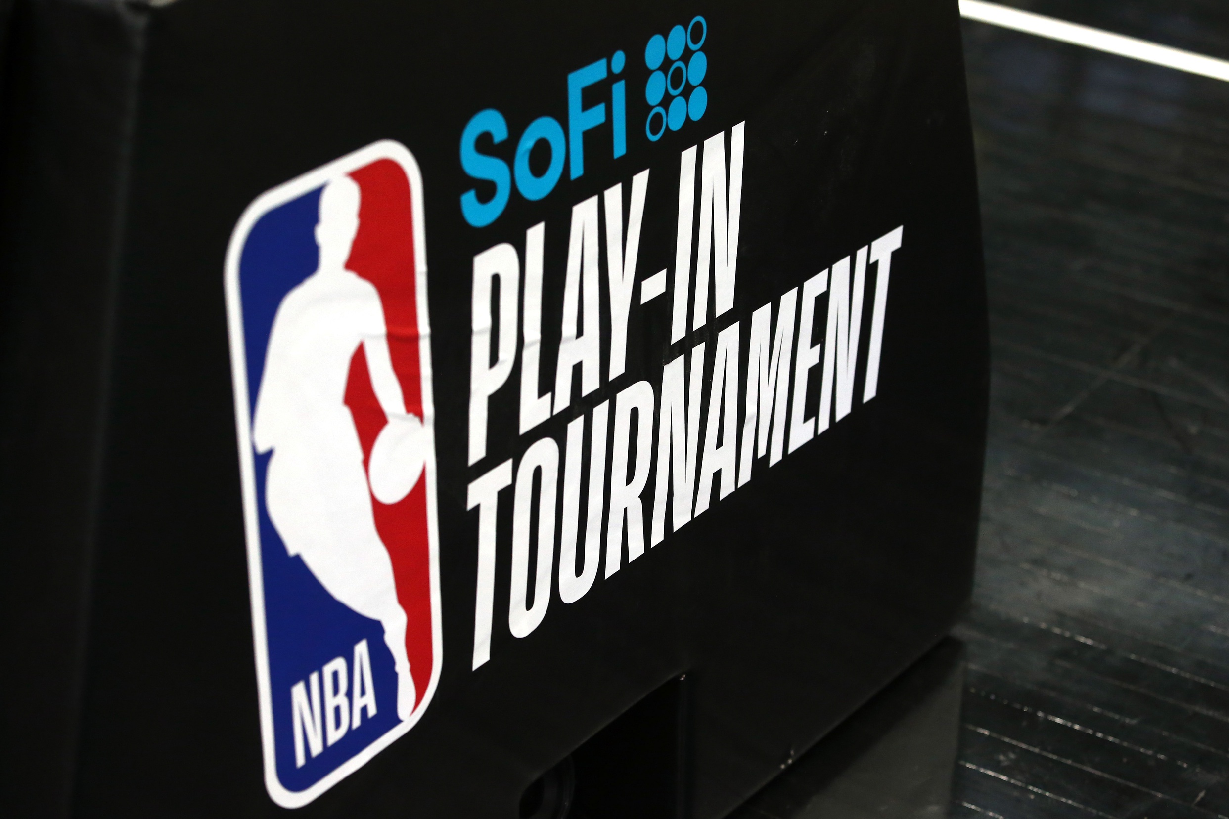 Apr 18, 2025; Memphis, Tennessee, USA; The NBA Logo for the Play-In Tournament on the goalpost for the game between the Dallas Mavericks and the Memphis Grizzlies at FedExForum. Mandatory Credit: Petre Thomas-Imagn Images