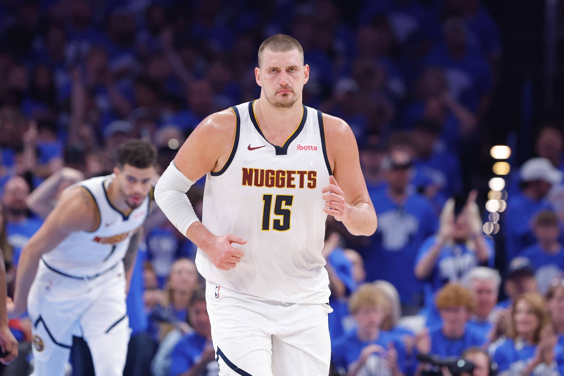 Nuggets center Nikola Jokic (15) runs down the court against the Thunder in the second quarter during game seven of the second round for the 2025 NBA Playoffs at Paycom Center
