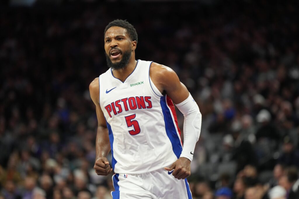 Dec 26, 2024; Sacramento, California, USA; Detroit Pistons guard Malik Beasley (5) reacts after a play against the Sacramento Kings during the third quarter at Golden 1 Center. Mandatory Credit: Kelley L Cox-Imagn Images