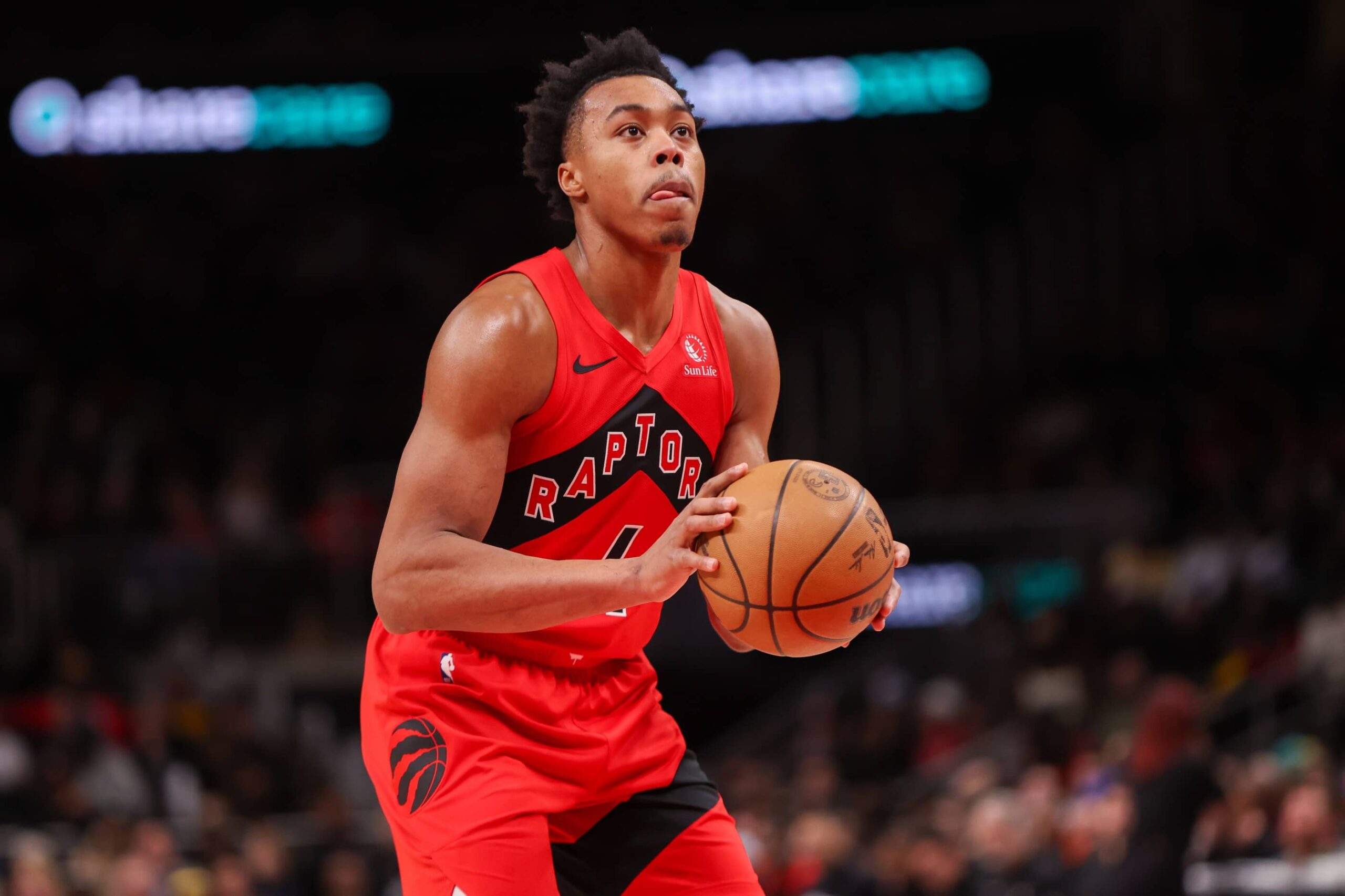 Scottie Barnes prepares to shoot a free throw during a game against the Atlanta Hawks.